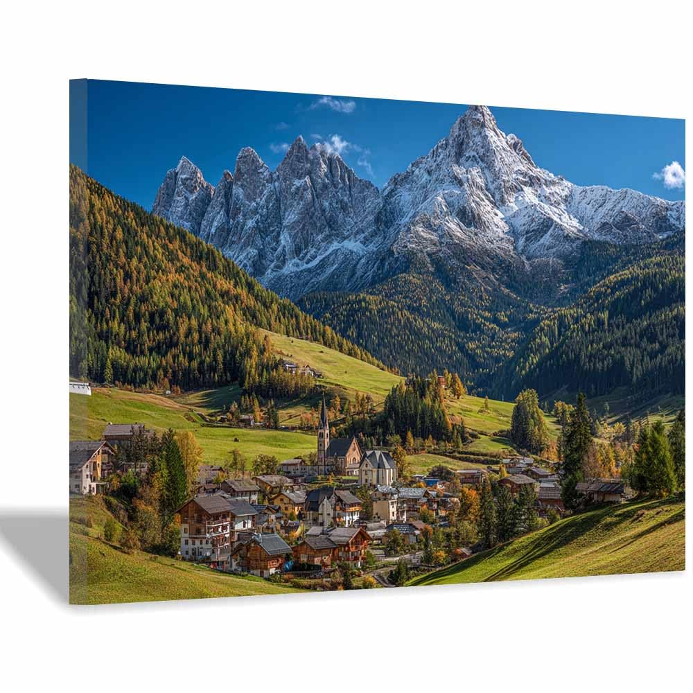 HUYEEI Canvas Print Wall Art Mountain town Modern Nature Landscape Poster, for living room, bedroom,Corridor Office Room Decoretc.(green)-70x100cm Framed