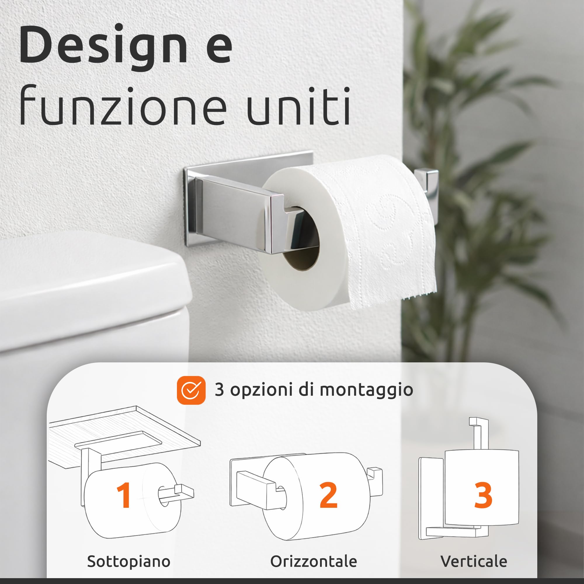 ECENCE Set Porta Asciugamani - 1x Porta Carta Igienica + 2x Ganci Adesivi - Accessori per Bagno - Acciaio Inossidabile 304 cromo