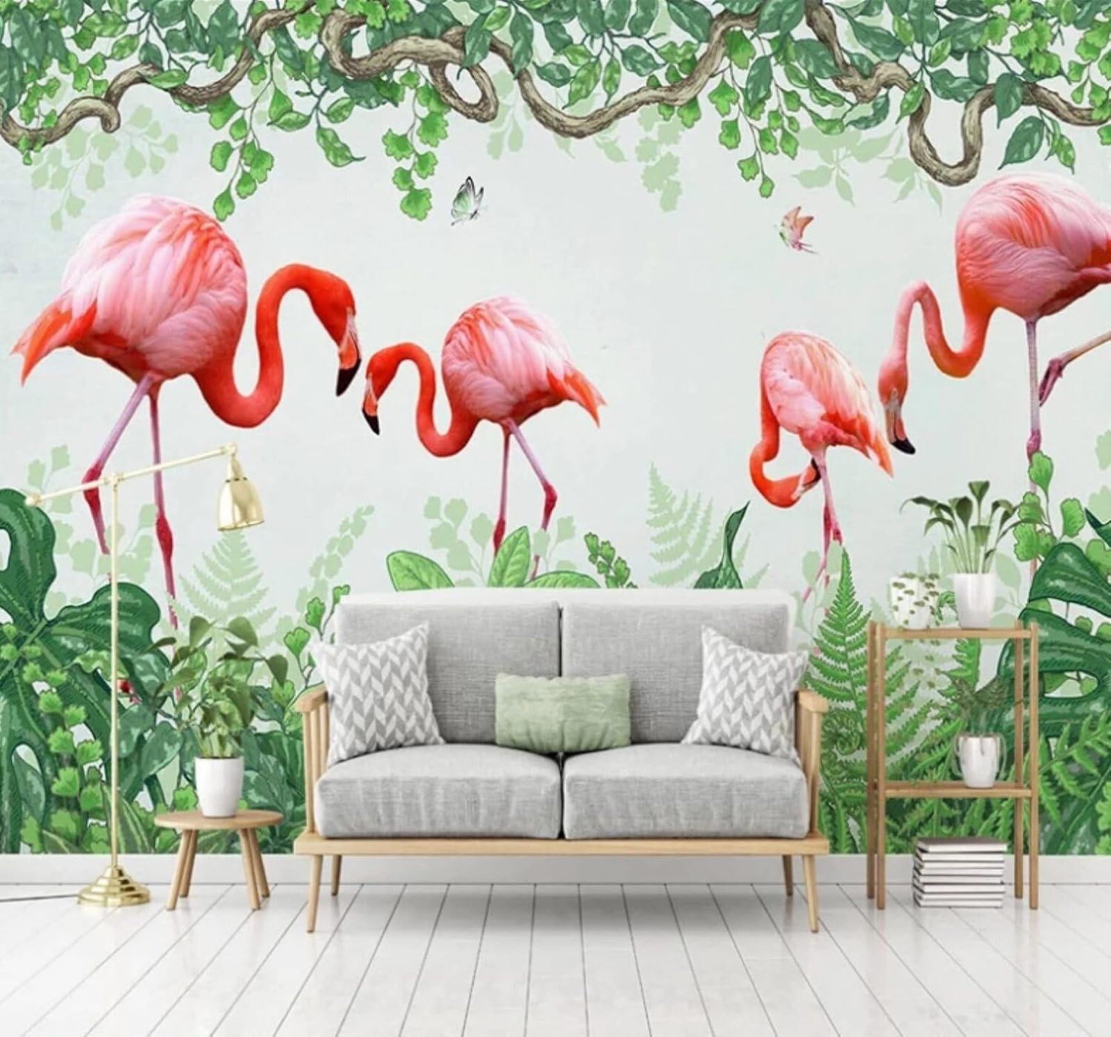 Hand Drawn Flamingos Green Leaves Butterflies Jungle 3D Wallpaper Easy Install Feature Office Living Room Sofa Bedroom TV Background Wall Decoration-350cm×256cm