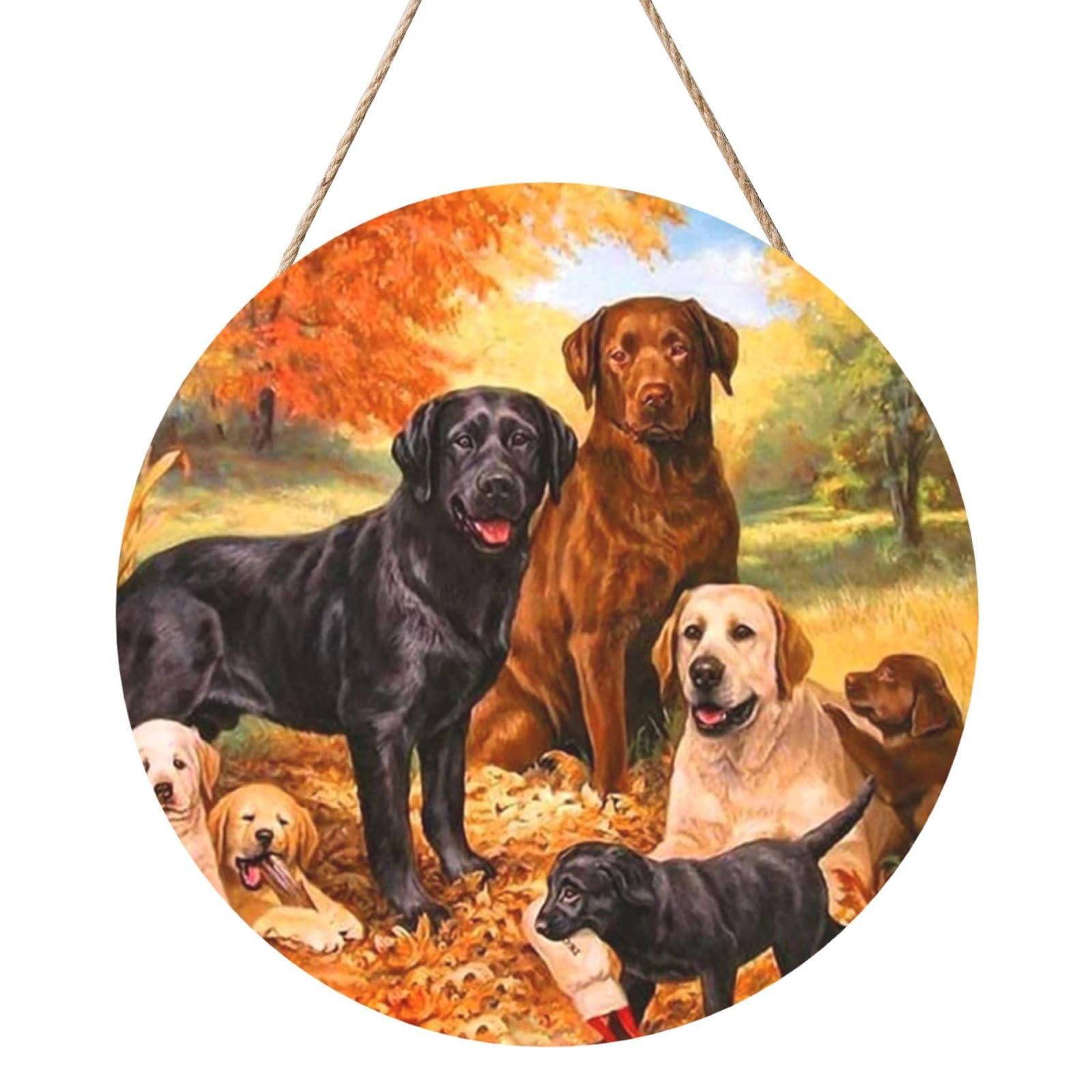 InOmak Fall Labrador Lab Golden Retriever Dog Thanking, Round Wood Panel Painting 12 in, Wall Hanging Painting For Home
