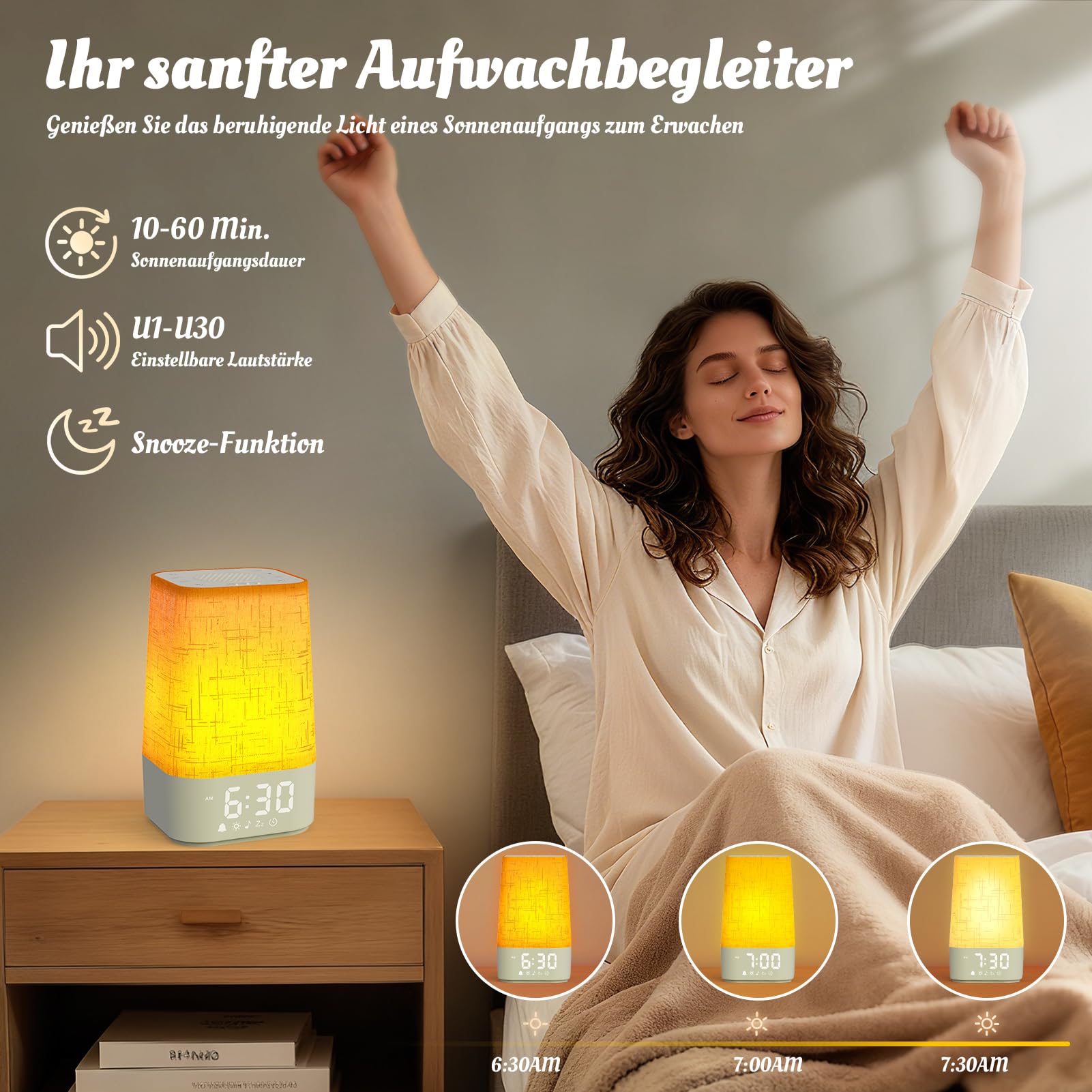 Tageslichtwecker mit 30 Naturgeräuschen, Lichtwecker Wecker mit Licht Sonnenaufgang, Dimmbares Nachtlicht RGB Wake Up Licht Nachttischlampe mit Ladefunktion, Timer