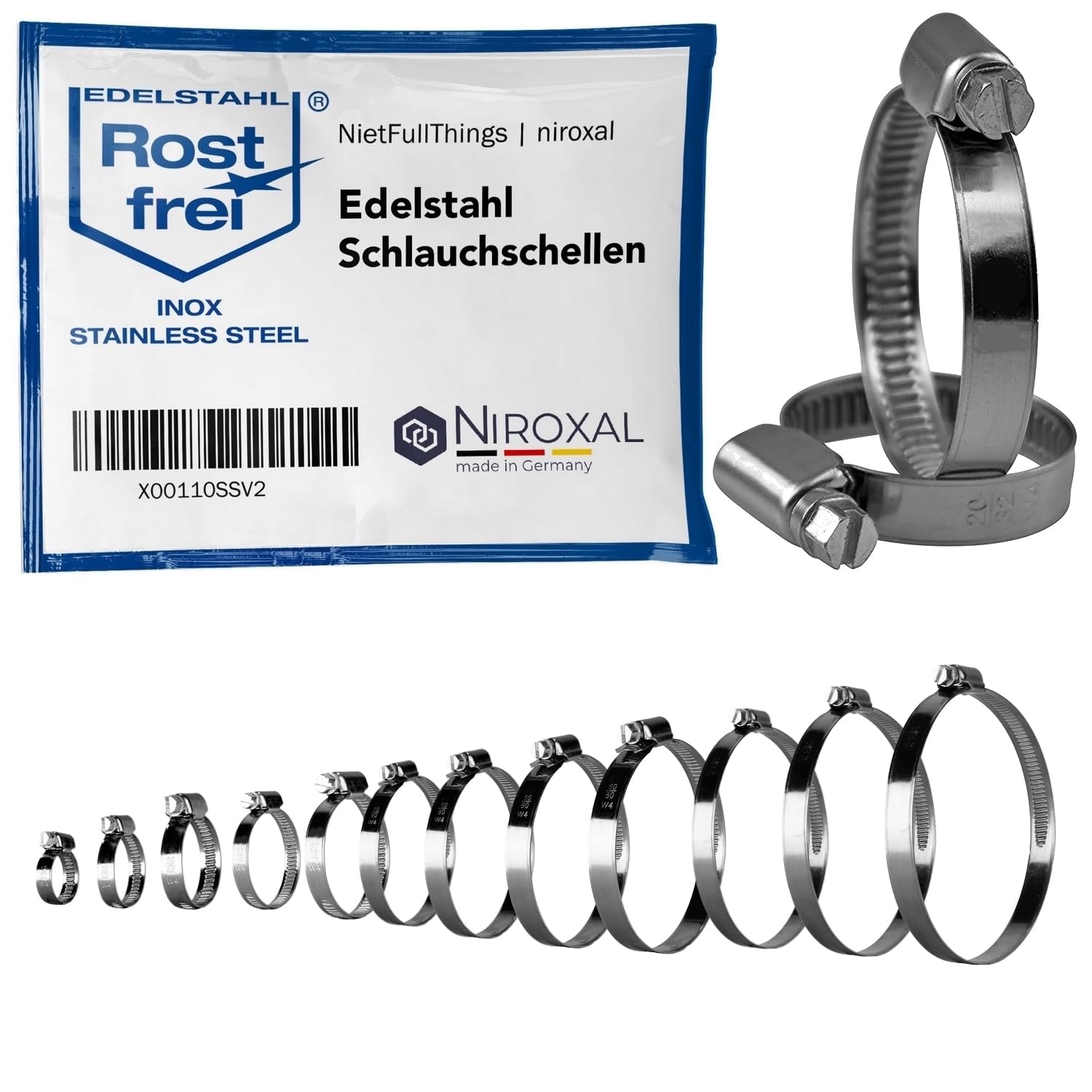 Abrazadera para Manguera de Acero Inoxidable, Ancho de Banda de 12 mm – Rango de Sujeción Ø 190-210 mm – 50 Unidades – Abrazadera para Tubos y Mangueras