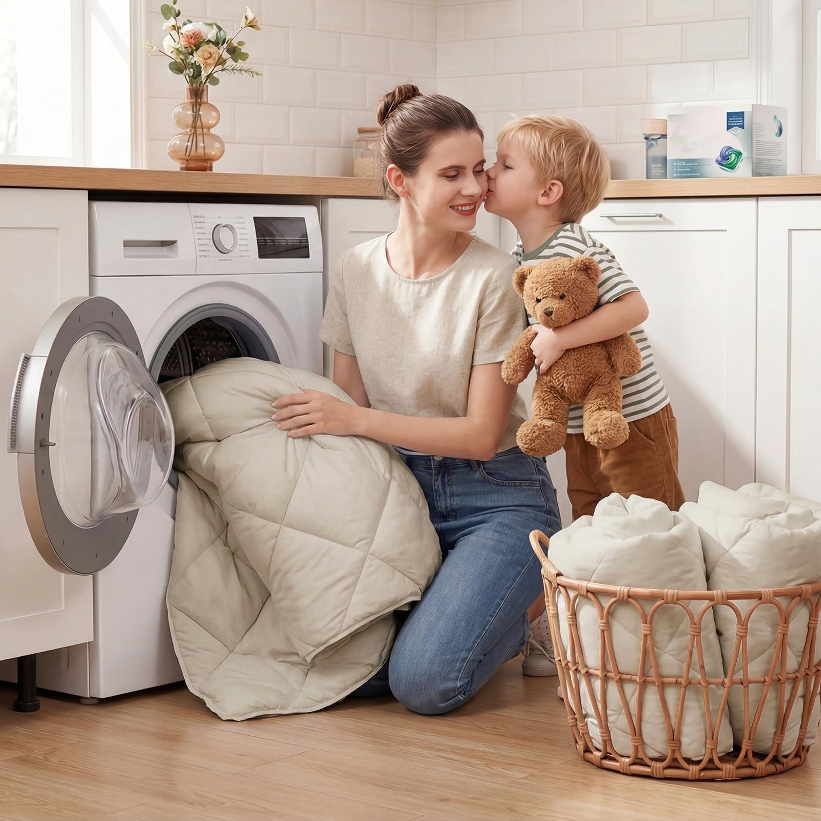 WAVVE Kołdra 150 4 Sezony - Dwustronna kołdra Podwójna 150+300 gr/m² 240x220 cm Włókno miękkie i przeciwzakłóceniowe, ciepły i wygodny beżowy