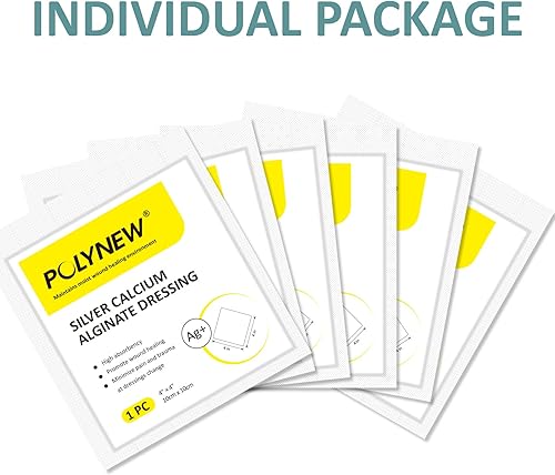 Miniatura 6 de Apósito de alginato de calcio plateado, paquete individual de 4 x 4 pulgadas, 6 unidades, altamente absorbente, no adhesivo, sin dolor, eliminación