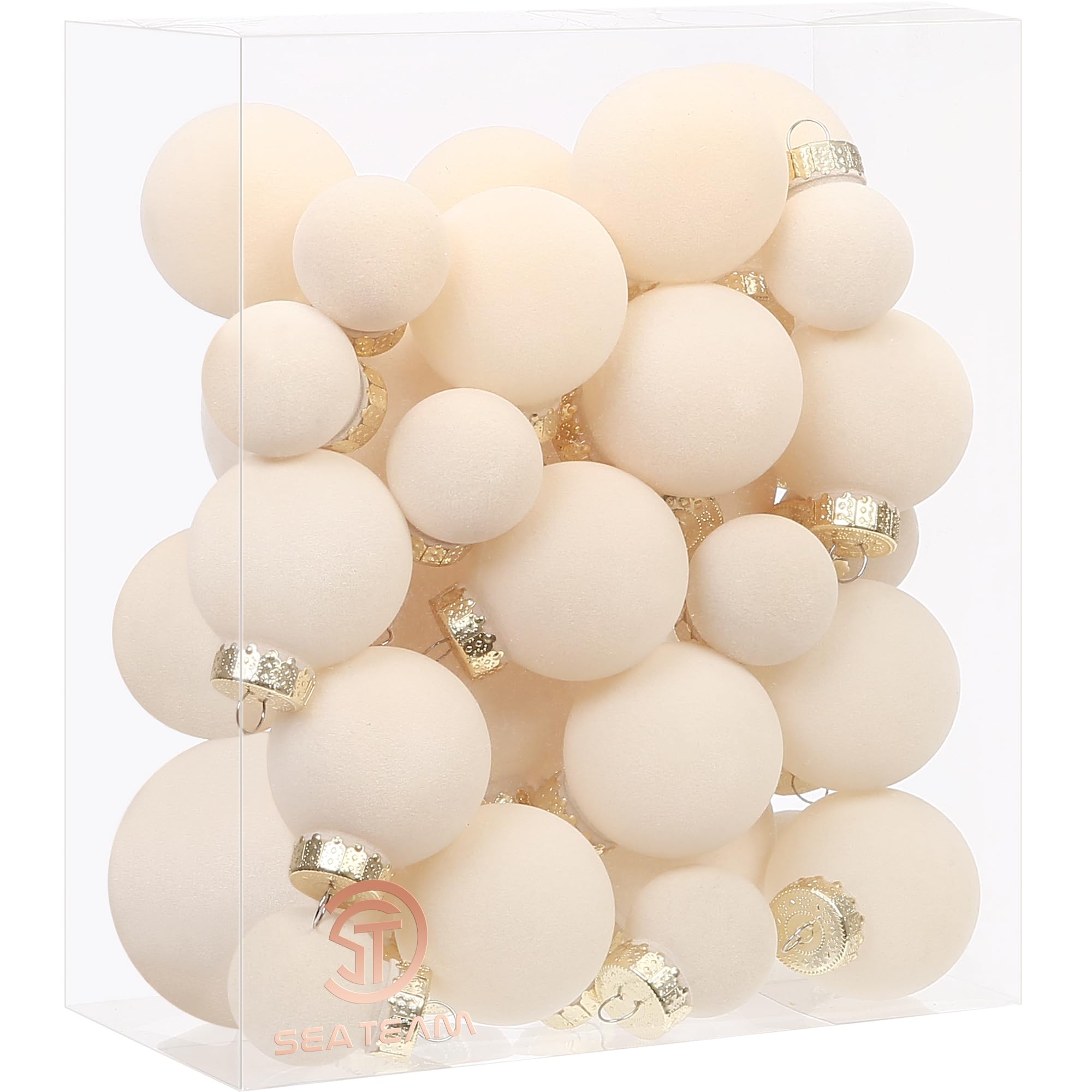 Sea Team 32 Boules Noël Velours incassables multitaille crème | Boules en velours floqué incassable, parfaites pour sapin, couronne, guirlande. Idéales pour Noël, mariage, fête.