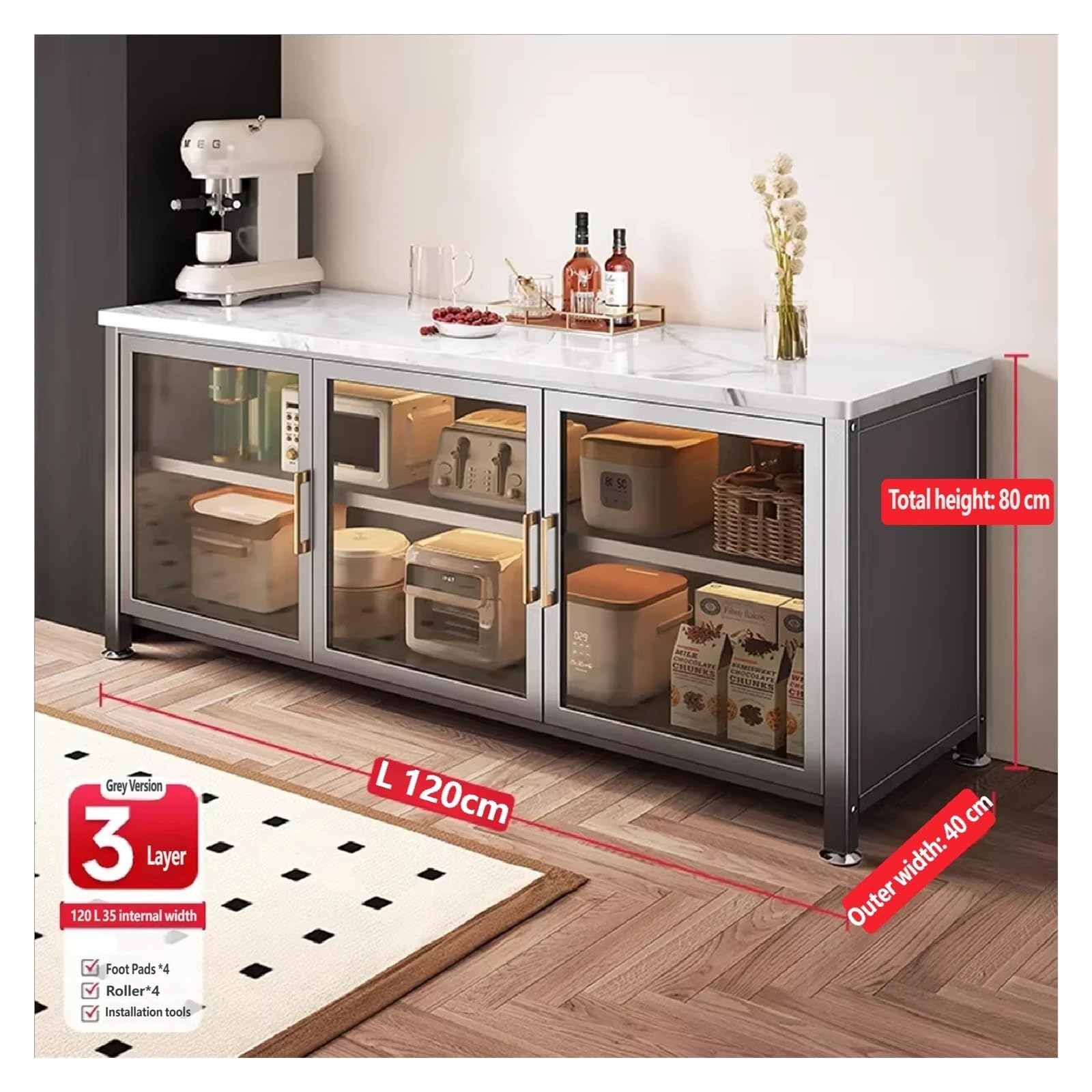 Carrello da cucina Isola cucina con piano in pietra sinterizzata con ante in vetro Buffet portaoggetti con struttura in metallo