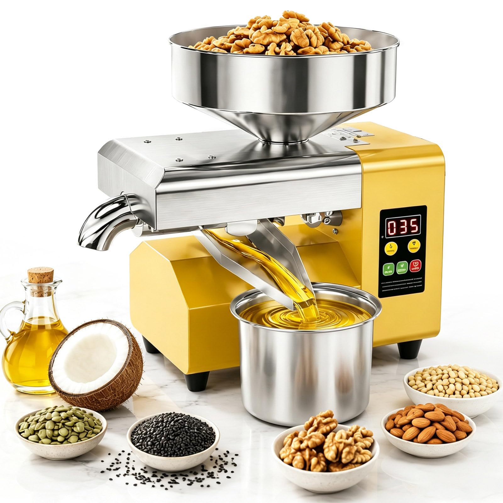 Prensa De Aceite 1500 W, Prensado En Frío Y Caliente Para Nueces Y Semillas | Ajuste De 40–300℃ Para Prensado Suave O En Caliente De Cacahuetes, Sésamo, Girasol, Nueces Y Otras Semillas