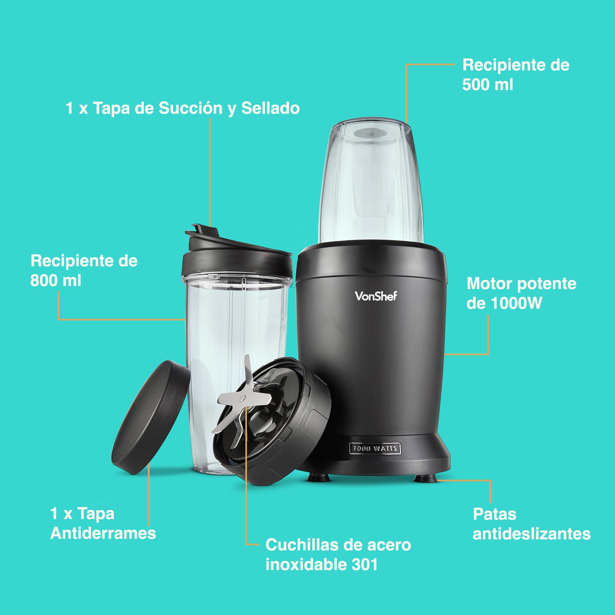 VonShef UltraBlend Licuadora Batidora de Vaso 1000W- Incluye Vaso Grande de 800ml, Vaso de 500ml y 2x Tapas - para preparar Bebidas Deportivas, Batidos de Proteínas, Jugos de Fruta y más