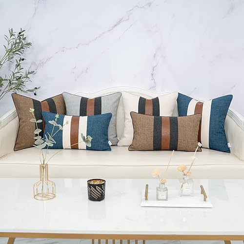 Miniatura 6 de Yangest Funda de almohada lumbar de lino con retazos azules, funda de cojín oblonga de piel sintética para sofá, dormitorio, sala de estar,