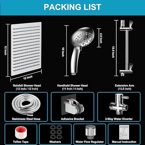 Miniatura 7 de Cabezal de ducha, cabezal de ducha de alta presión con brazo de extensión ajustable de 11 pulgadas y cabezal de ducha de mano de 9 ajustes con