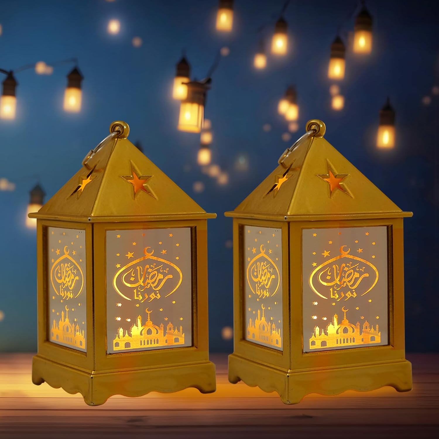 Hying 2 Pieces Ramadan Lanterns Decoration 5.2" Height Retro Hanging Lamp Eid Mubarak Flameless Candle Holder with Transparent Glass Ramadan Gifts Eid Mubarak Lantern for Home Tabletop Decor