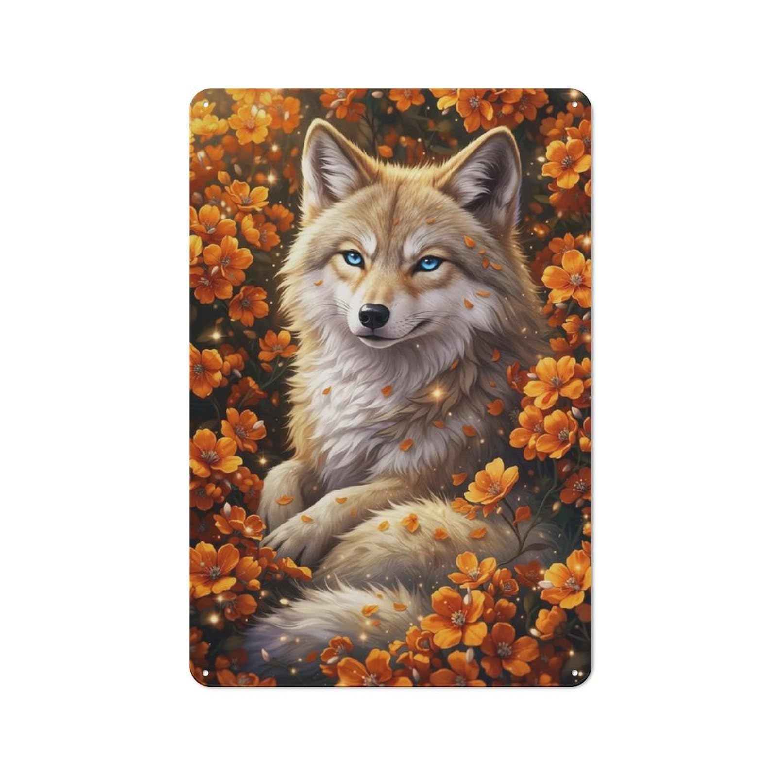 Junmoney Style-19 Wolf Among Marigold Blooms Retro Tin Wall Plaque 30X20cm For Home Office Or Studio, For Cooler-Month Interiors With Retro Character