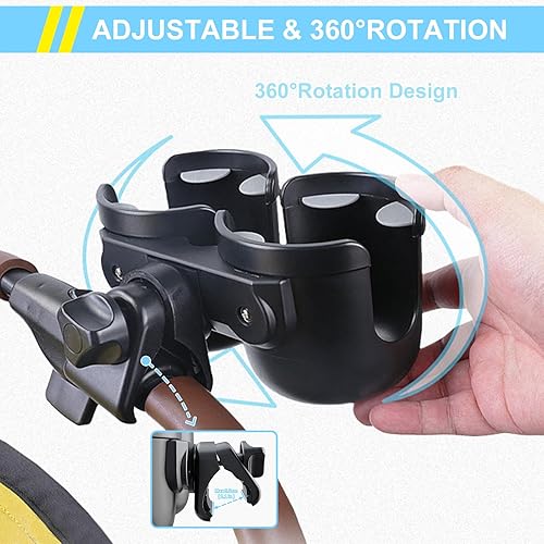 Miniatura 3 de JINKEY Soporte universal de doble taza de rotación de 360 para cochecito de bebé, ajustable 2 en 1 doble soporte para cochecito para bicicleta,