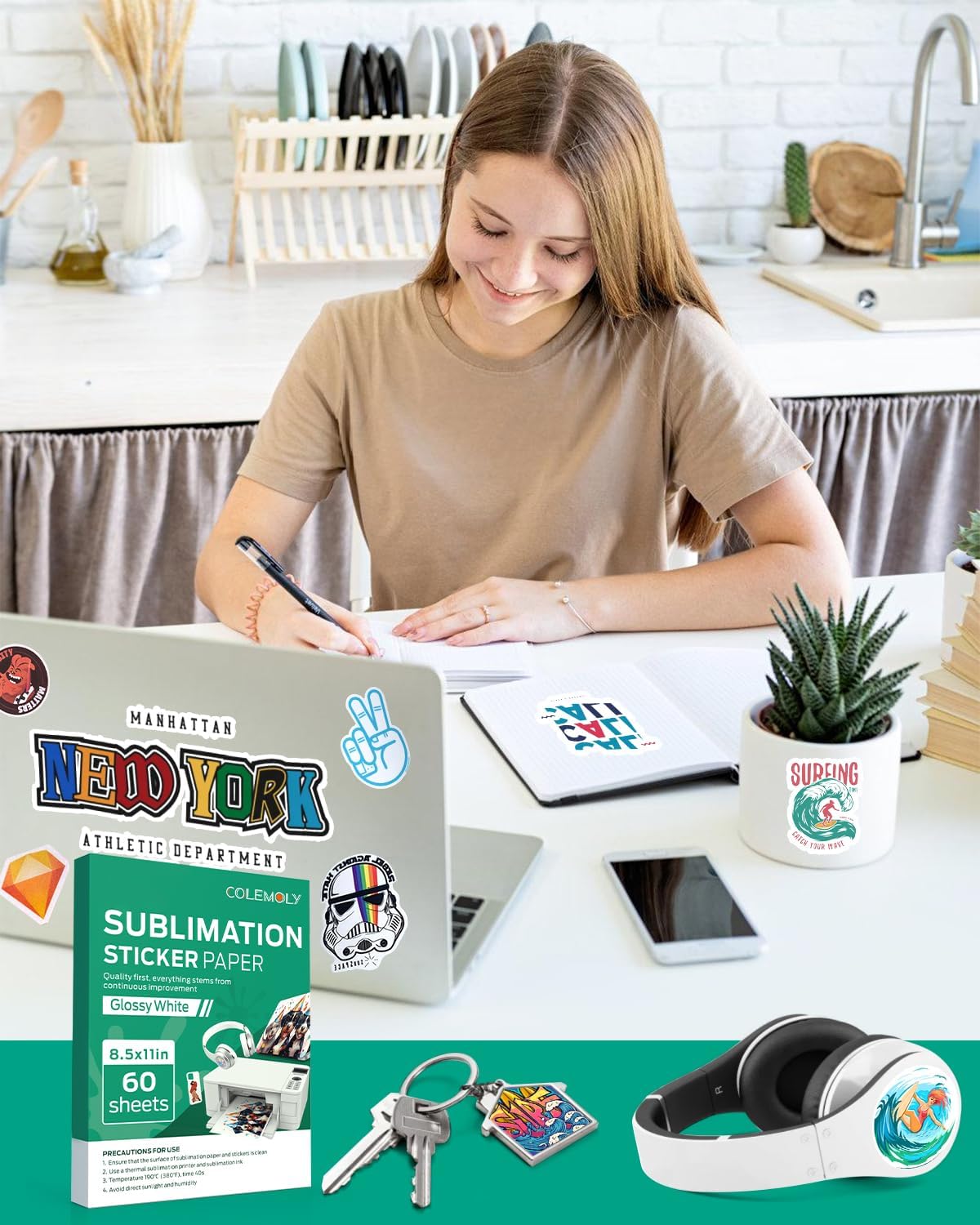 Colemoly 昇華ステッカー用紙 - 60枚 光沢ホワイト 防水ステッカー インクジェットプリンター用 8.5x11レターペーパ