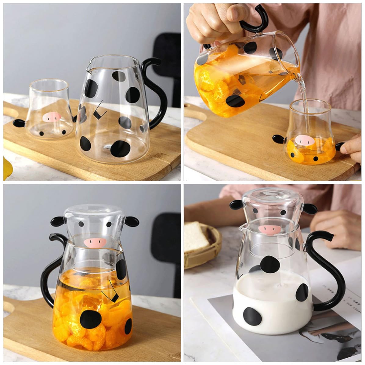 Gadpiparty Jarra de Agua Fría de Vidrio Forma de Vaca, Capacidad 1800ml, Set Multifuncional Tapa y Vaso para Hogar y Restaurante