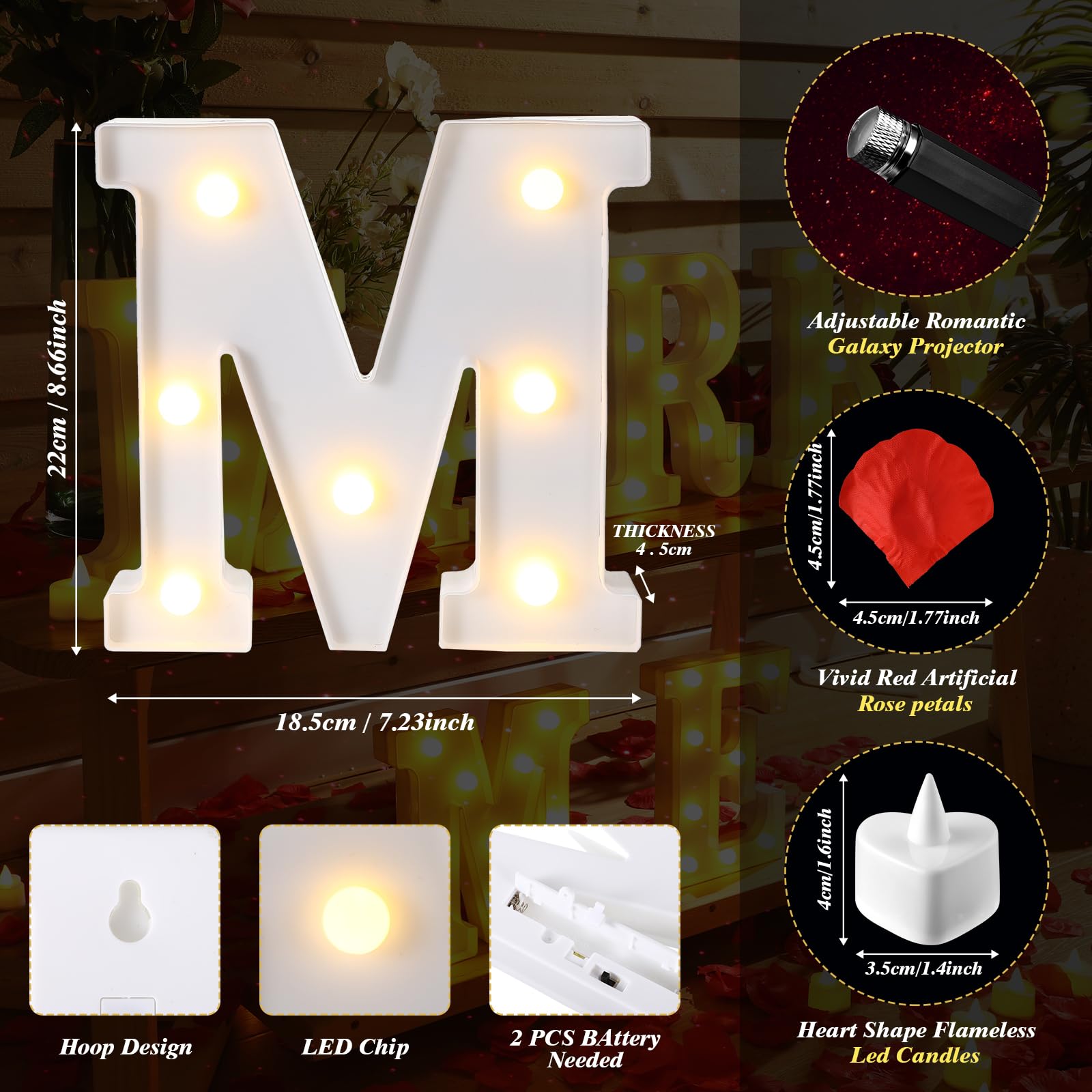 Hanaive 8128 letras iluminadas para decoración de propuesta de matrimonio, 7 piezas de letrero de cásate conmigo con 120 velas románticas de corazón, 8000 pétalos de rosa, 1 luz nocturna romántica USB