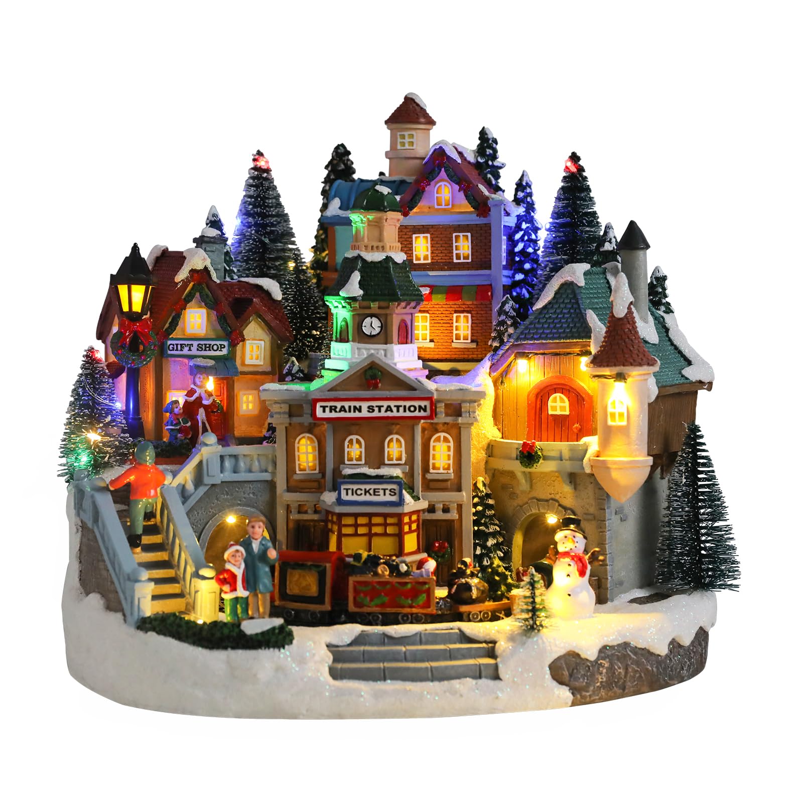 Bdor Pueblo iluminado de Navidad con tren giratorio, 12.2 x 11 x 11 pulgadas, decoración navideña enchufable con música, centro de mesa musical LED festivo para mesa, hogar, tienda de regalos