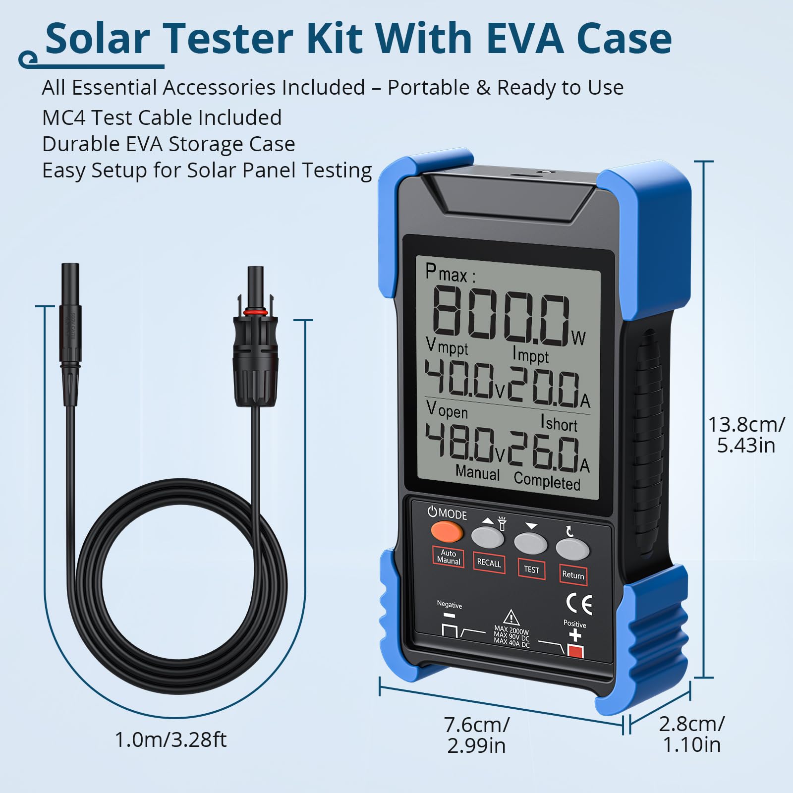 2000W Solarpanel Tester MPPT Photovoltaik Messgerät 3-90V/40A, PV Messer mit LCD Display, Akku & MC4 Anschluss für Solarpanel Prüfung