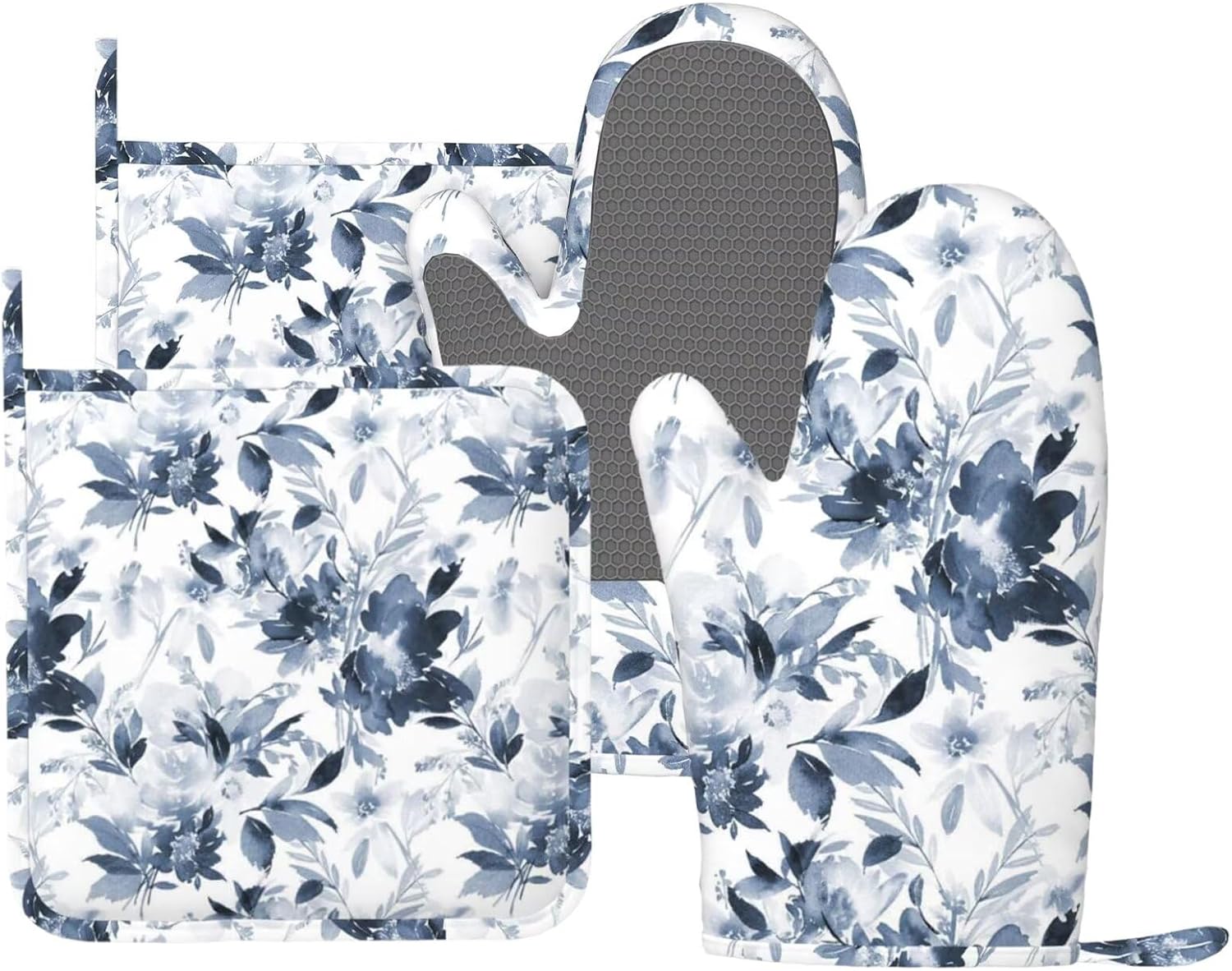 Navy Blue Floral Oven Mitts and Pot Holders 4 pcs Set Silicone Dark Blue and White Flower Kitchen Oven Mitt Gloves Pot Holders Non-Slip Heat Resistant Cooking Mitts Set for Kitchen Baking