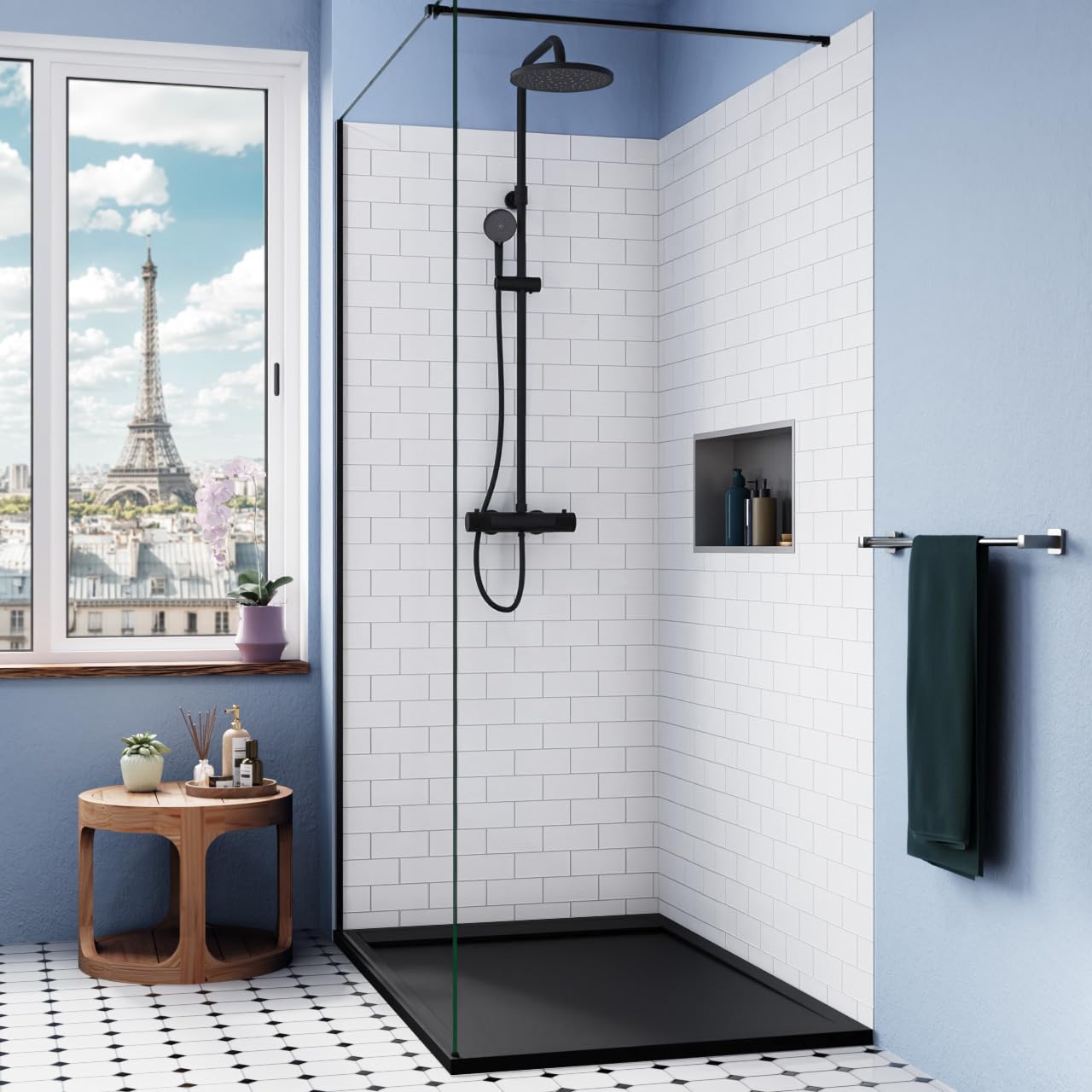 Piatto Doccia in Pietra Sintetica | Antiscivolo, Effetto Pietra | Installazione da Appoggio o a Filo Pavimento | Nero 120x80 cm