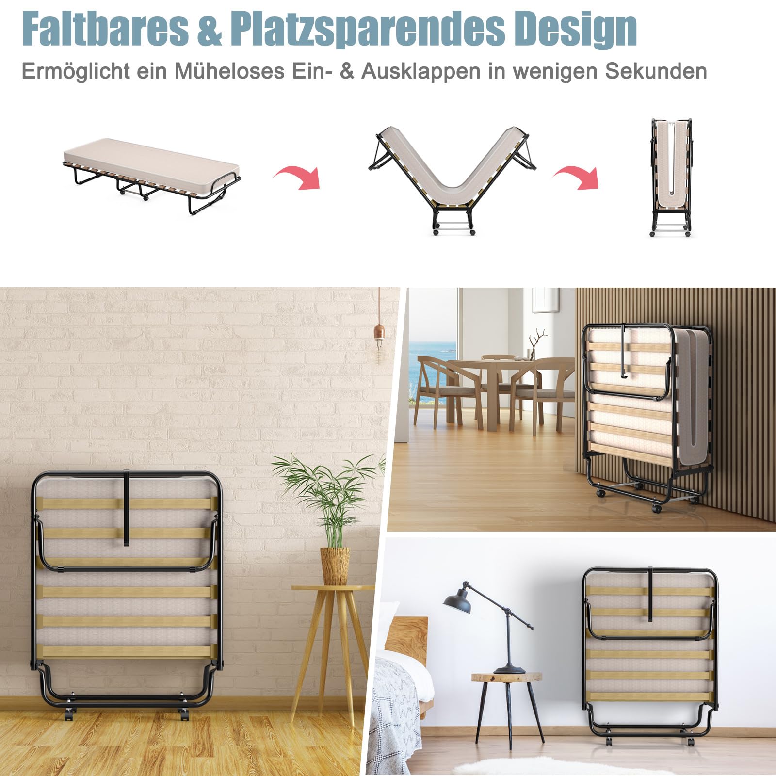 COSTWAY 80x190cm Gästebett mit Matratze aus Rückstellschaum, Klappbares Einzelbett, Stabiler Metallbett bis 130kg belastbar, Klappbett auf Rädern, Faltbett Gästezimmer, Tragbares Bett, Beige