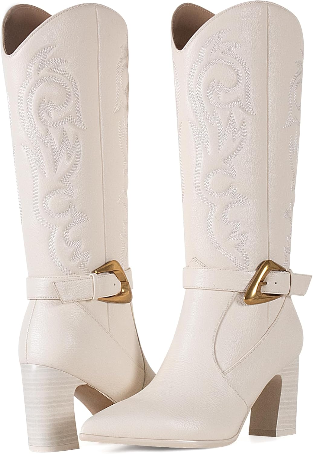 Western Cowboy Boots for Women - Knee High Calf Cowgirl Boots with Classic Embroidered with Gold Buckle, Slip On Pointed Toe Chunky Heel Fashion Retro Classic Faux Leather Pull On Tall Boot - Image 7
