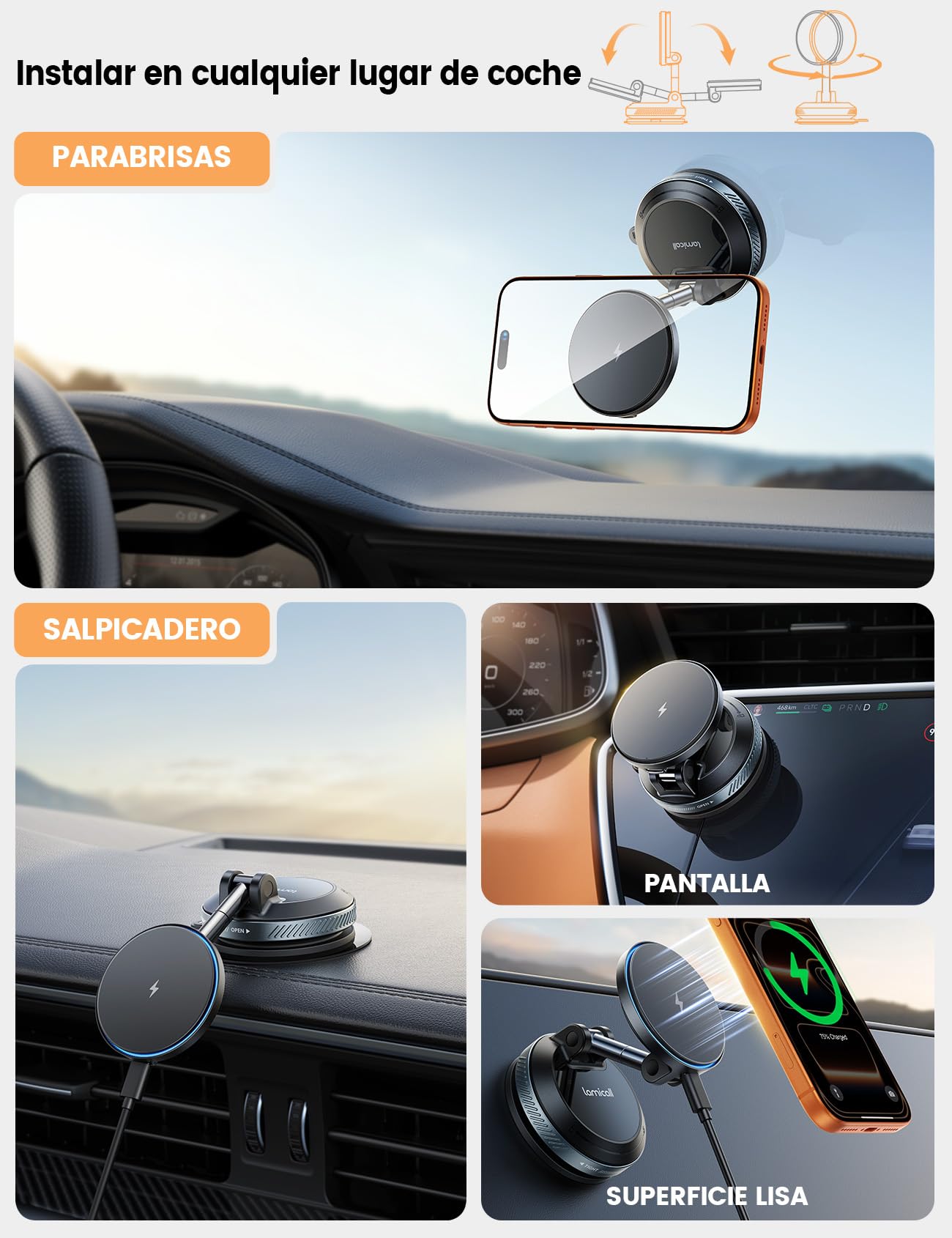 Lamicall 15W Cargador Inalámbrico Coche para MagSafe - [30KG Succión Fuerte] Magnético Soporte Cargador Movil Coche con Ventosa de Vacío, Fuerte Imán, para iPhone Series 17 16 15 14 13 12