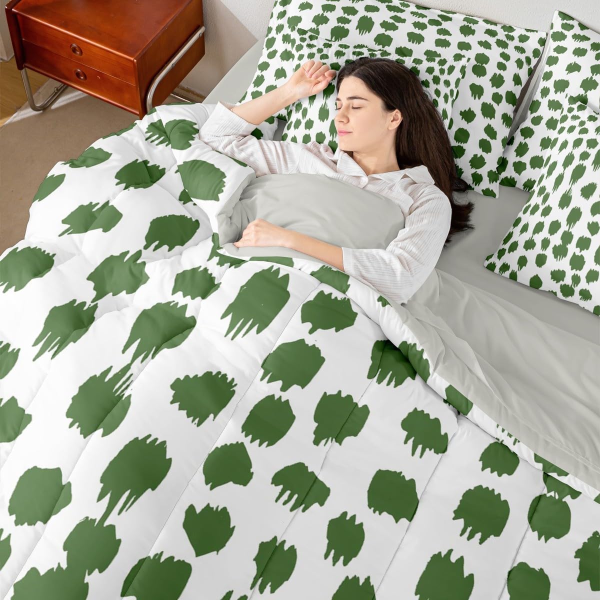 Erosebridal Green Polka Dots Bed in A Bag with Sheets Abstract Geometric Spots Twin Comforter Set 7 Piece Rustic Farmhouse Bedding Sets for Kids Teens Adults Brush Stroke Bed Set Room Decor