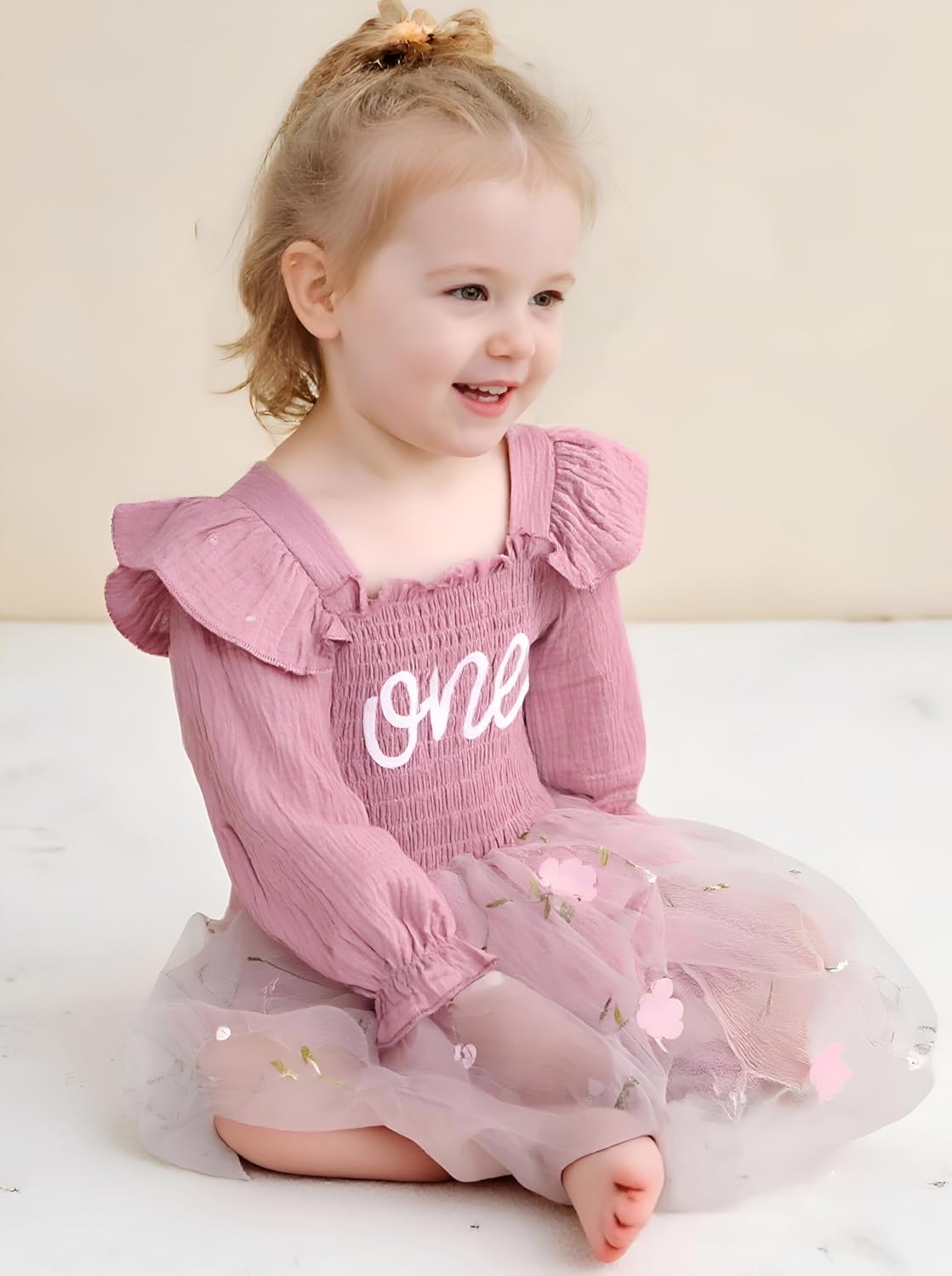 Baby Girl First Birthday Outfit Long Sleeve Smocked Fairy Berry One Romper Tulle Dress + Headband - Image 3