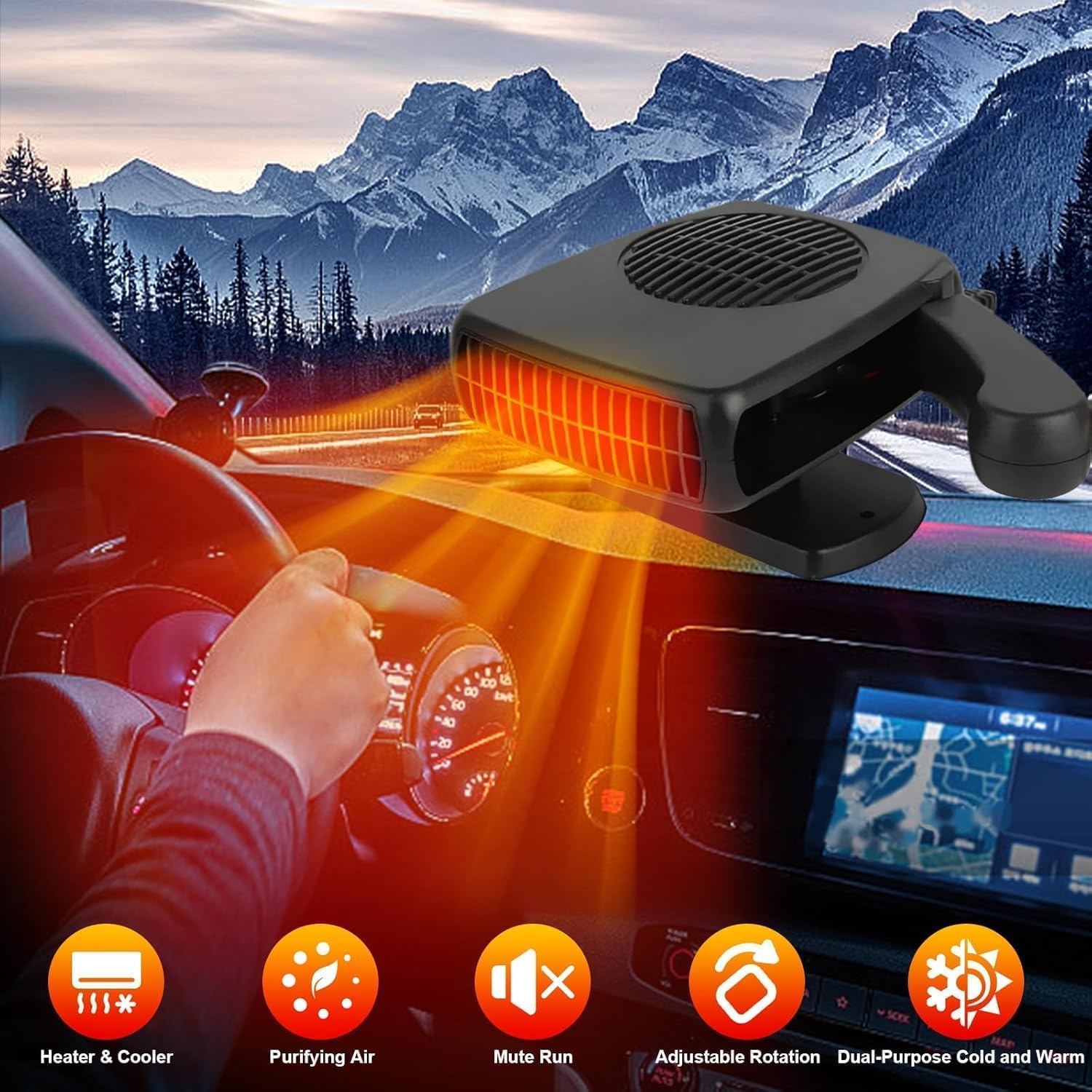 Portable Car Heater and Defroster That Plugs into Cigarette Lighter for Car 12V 200W Fast Heating and Cooling Fans for Car Hidden Handle 360 ​​Degree Car Heaters for Vehicle