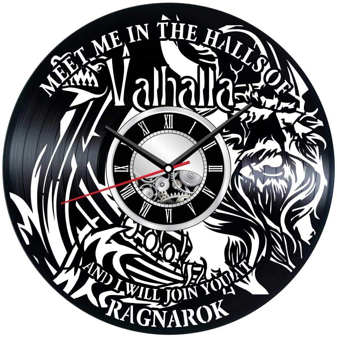 Valhalla Vikings Wall Clock Made of Vinyl Record - Stylish Clock and Amazing Gifts Ideas Unique Home Decor Personalized Presents for Men Women Kids Great Wall Art for Living Room Home Decor