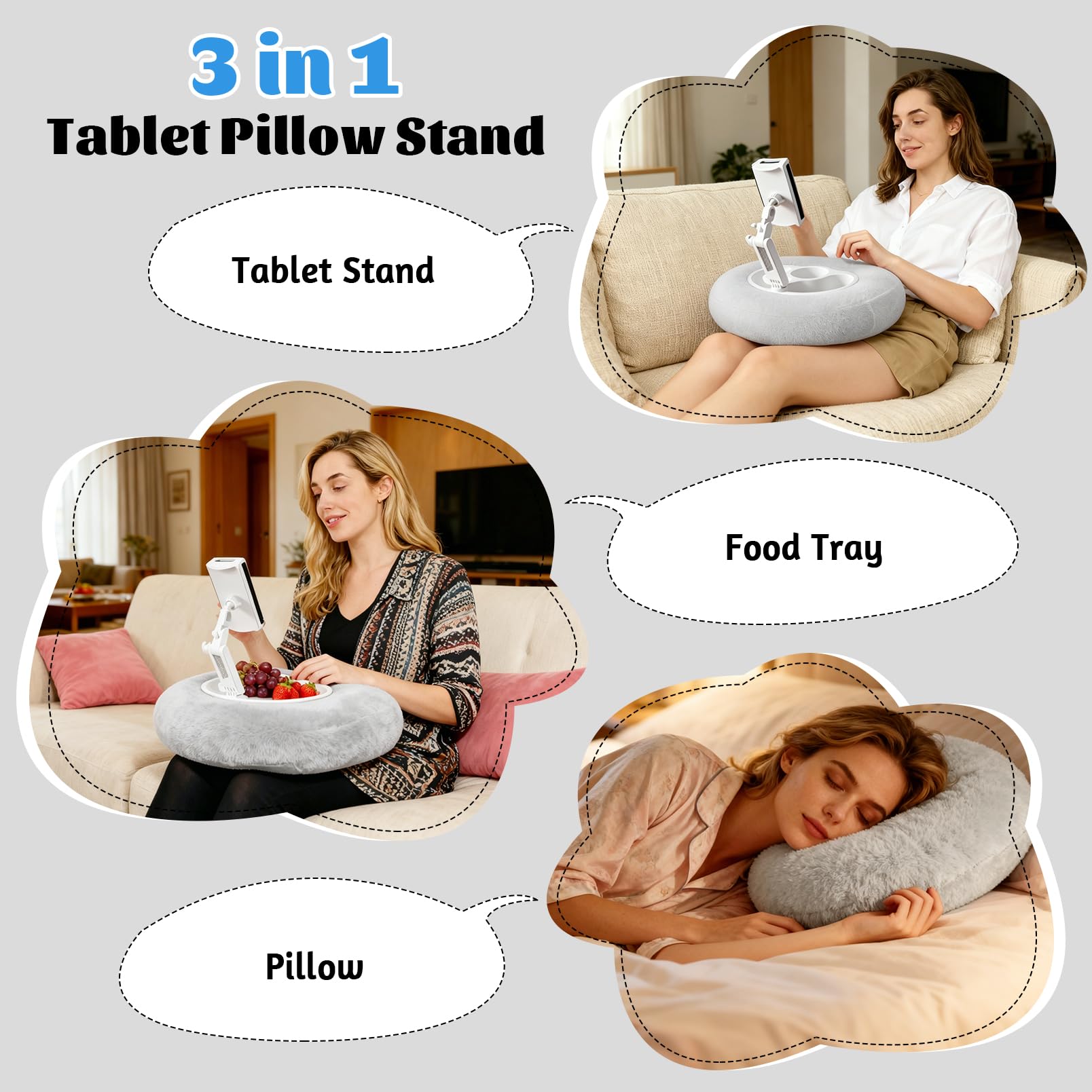 JAOGAUS Soporte para tablet, soporte ajustable para Kindle para leer | Con 3 cuencos para aperitivos, compatible con teléfonos de 4,7 a 13 pulgadas, tabletas y dispositivos Kindle (gris)