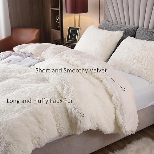 Miniatura 2 de EMME Juego de funda de edredón de felpa lanudo de color blanco, tamaño Queen, 3 piezas, juego de ropa de cama de invierno suave y esponjoso de pelo