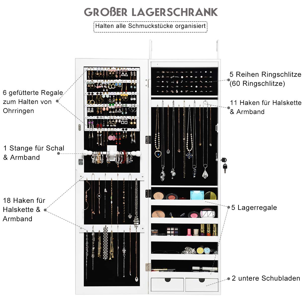 COSTWAY Schmuckschrank mit 15 LED Leuchten, Spiegelschrank mit Tür- und Wandmontage, Schmuckkasten mit Ganzkörperspiegel, Schmuckregal für Ringe, Kettenhaken und Ohrringe, inkl.2 Schlüssel (Beige)