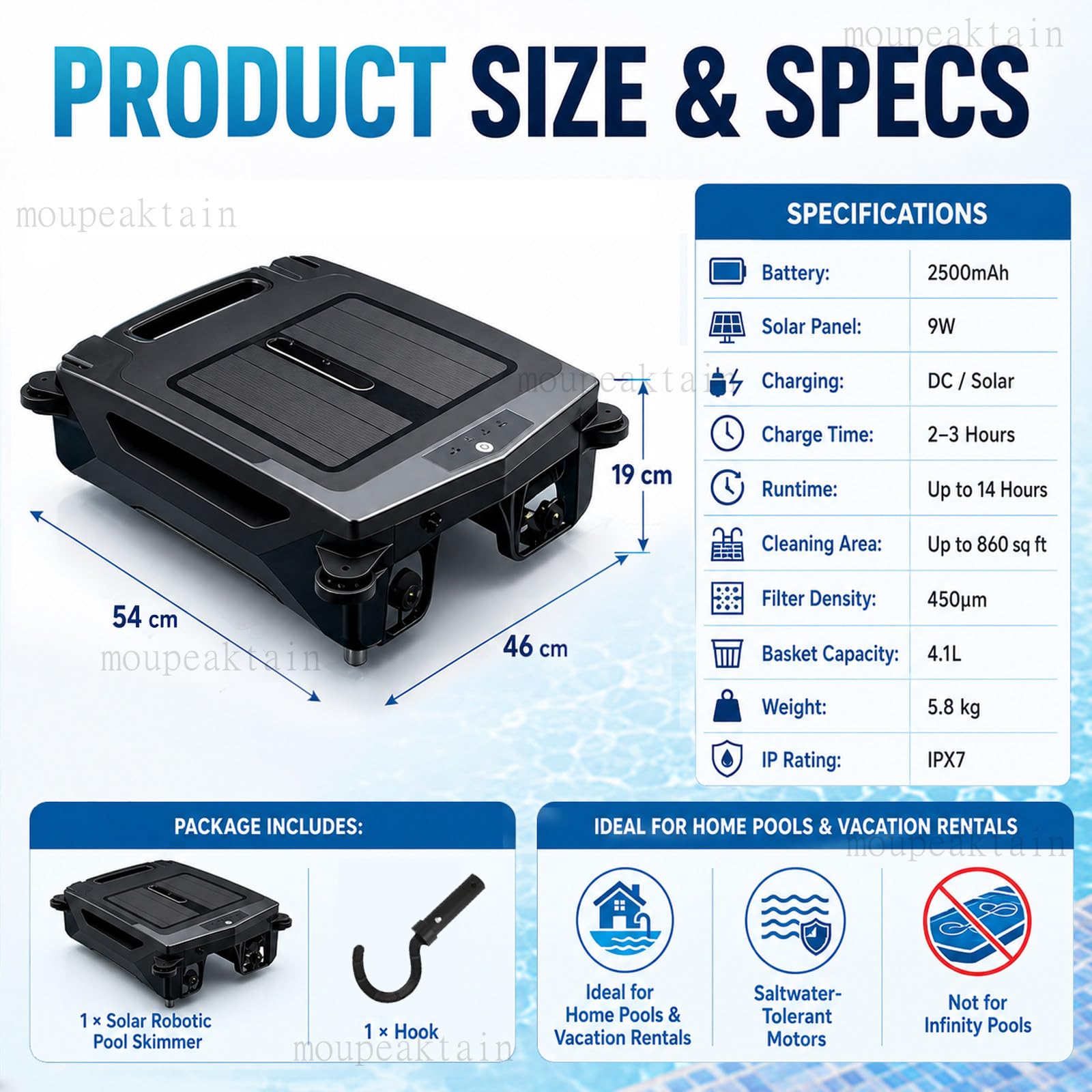 Robot Skimmer Solar para Piscinas, Skimmer Piscina Sin Cable para Hojas E Insectos, Control por App, 2 Modos De Velocidad, Cesta De 4,1L, Detección por Radar, para Piscinas De hasta 80m²