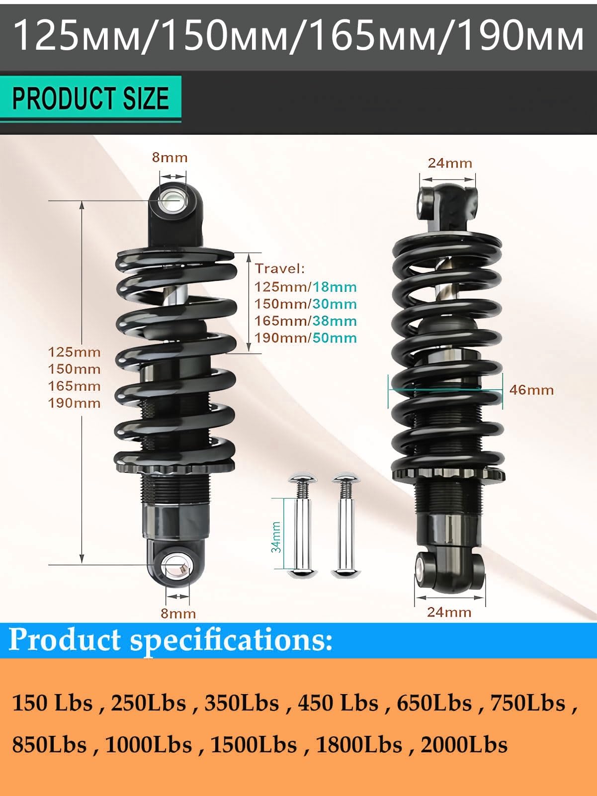 Amortiguador Trasero para Bicicleta de montaña, 125 mm, 150 mm, 165 mm, 190 mm, Resorte helicoidal Ajustable, 150-2000 LB, suspensión para MTB/E-Bike/XC