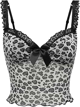 SOLY HUX Women's Leopard Print Lace Mesh Cami Tops Spaghetti