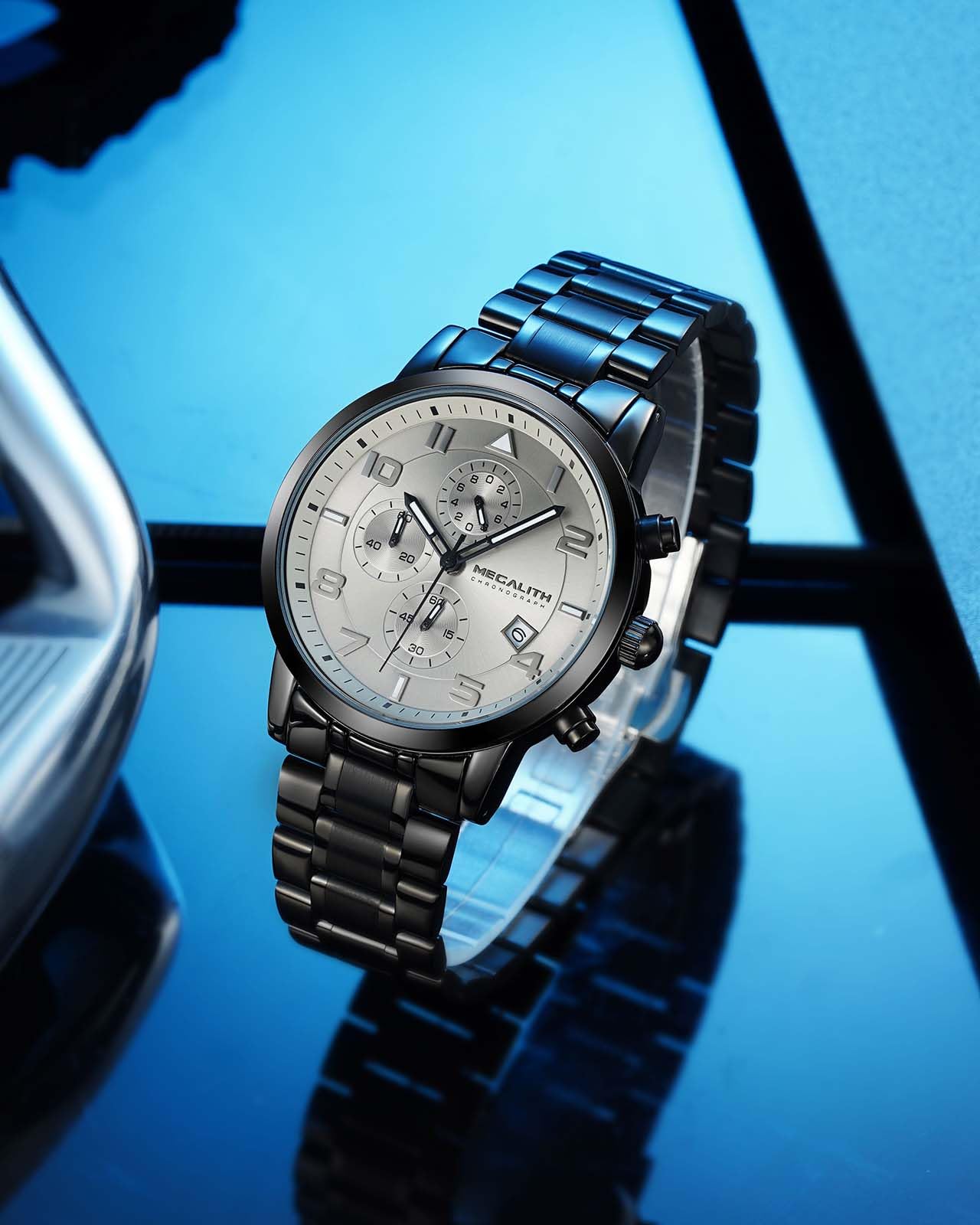 MEGALITH Montre Homme Chronographe Analogique: Grand 44 mm Quartz Etanche | Montre Habillée Acier Inoxydable avec Date Aiguille Lumineuse pour Travail et Loisirs Quotidiens - Cadeau pour Père Mari Fils