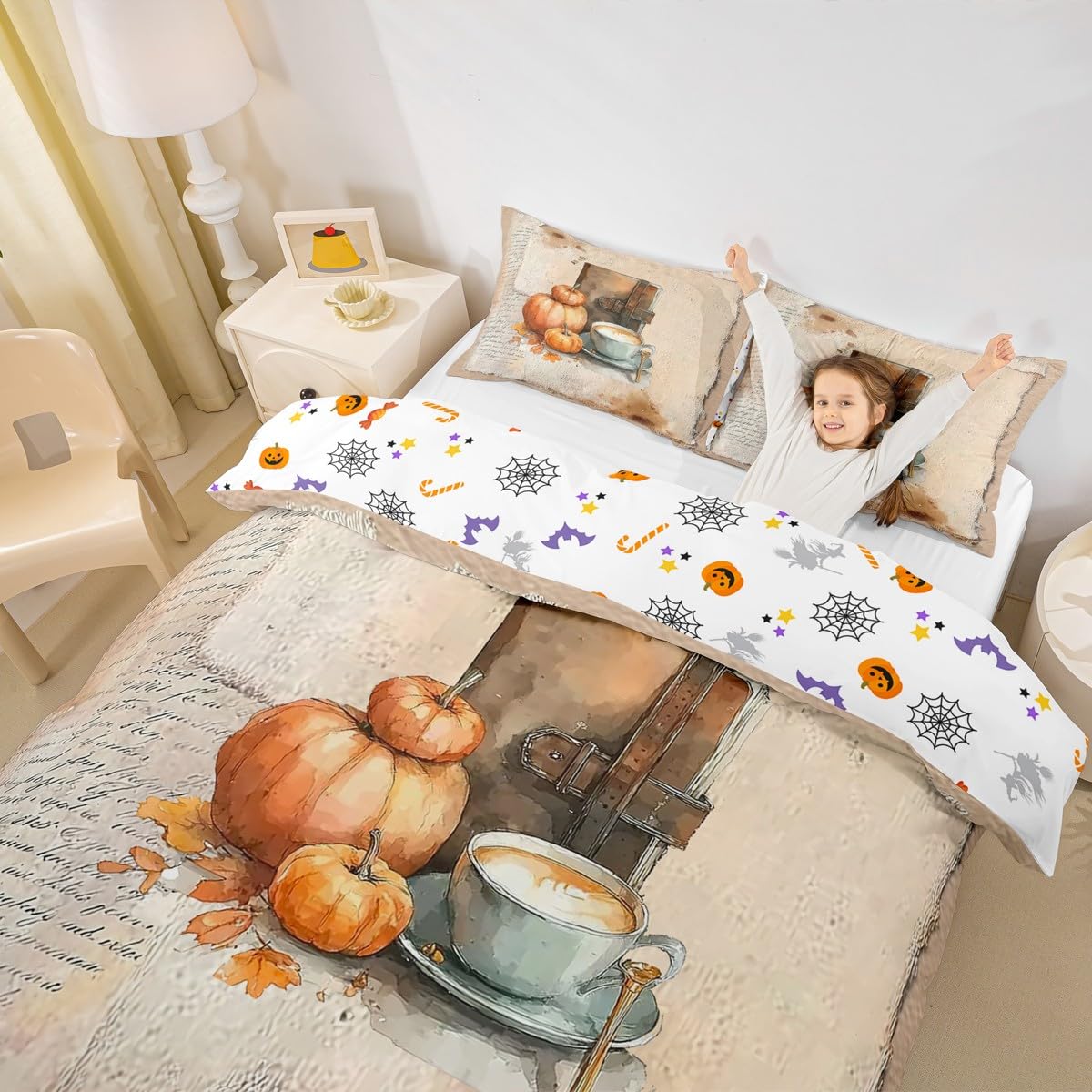 Homewish Jesień pomarańczowa dynia król poszewka na kołdrę jesień żniwa poszewka na kołdrę vintage kawa książka łóżko zestaw retro wakacje zestaw pościeli
