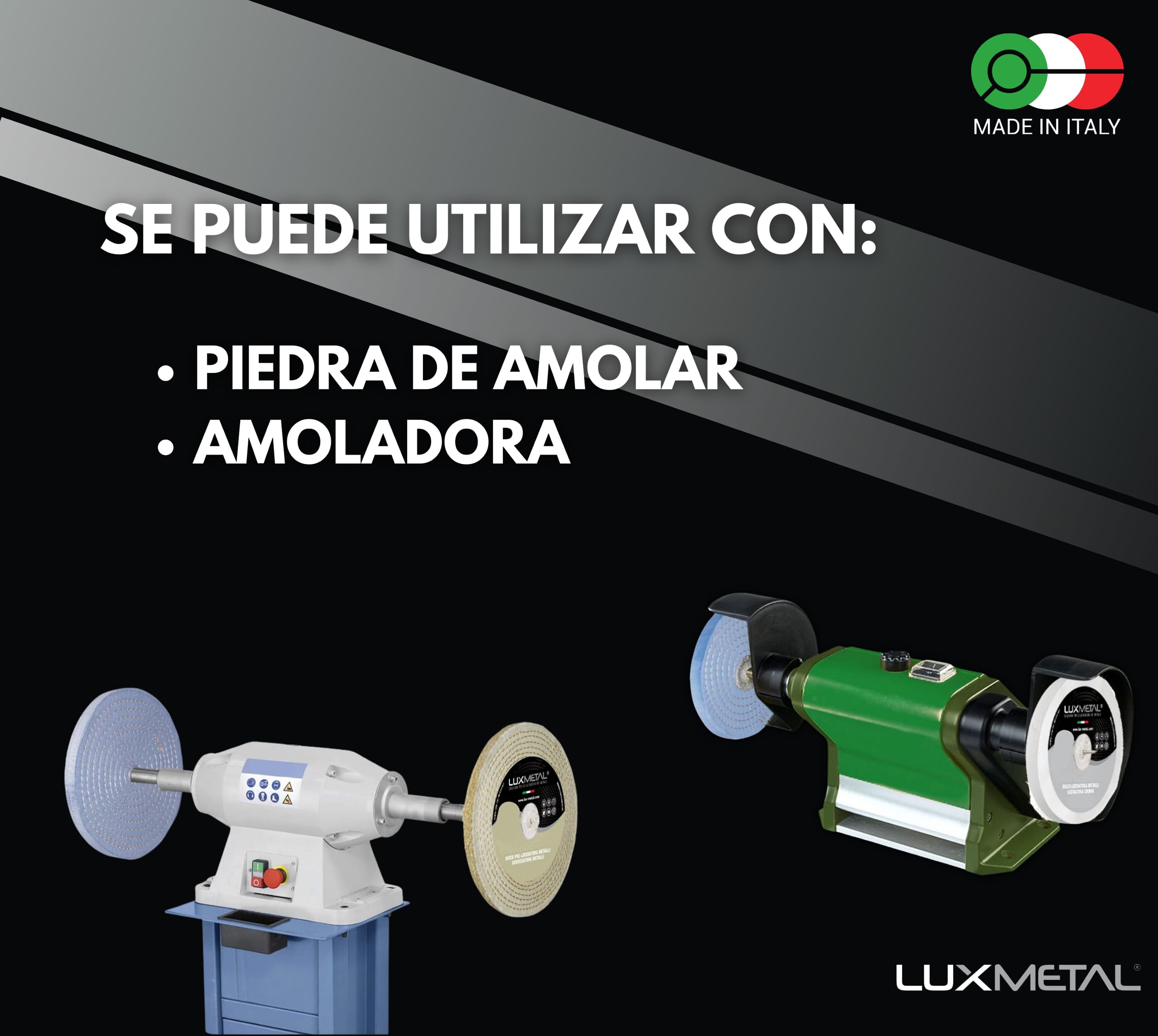 Lux Metal - Kit 3 discos de pulido de 200 mm A-B-C en algodón Set para pulido espejo Aluminio Acero inoxidable Discos de pulido de metales para rueda de amoladora Latón Cobre Madera Mármol Plexiglás
