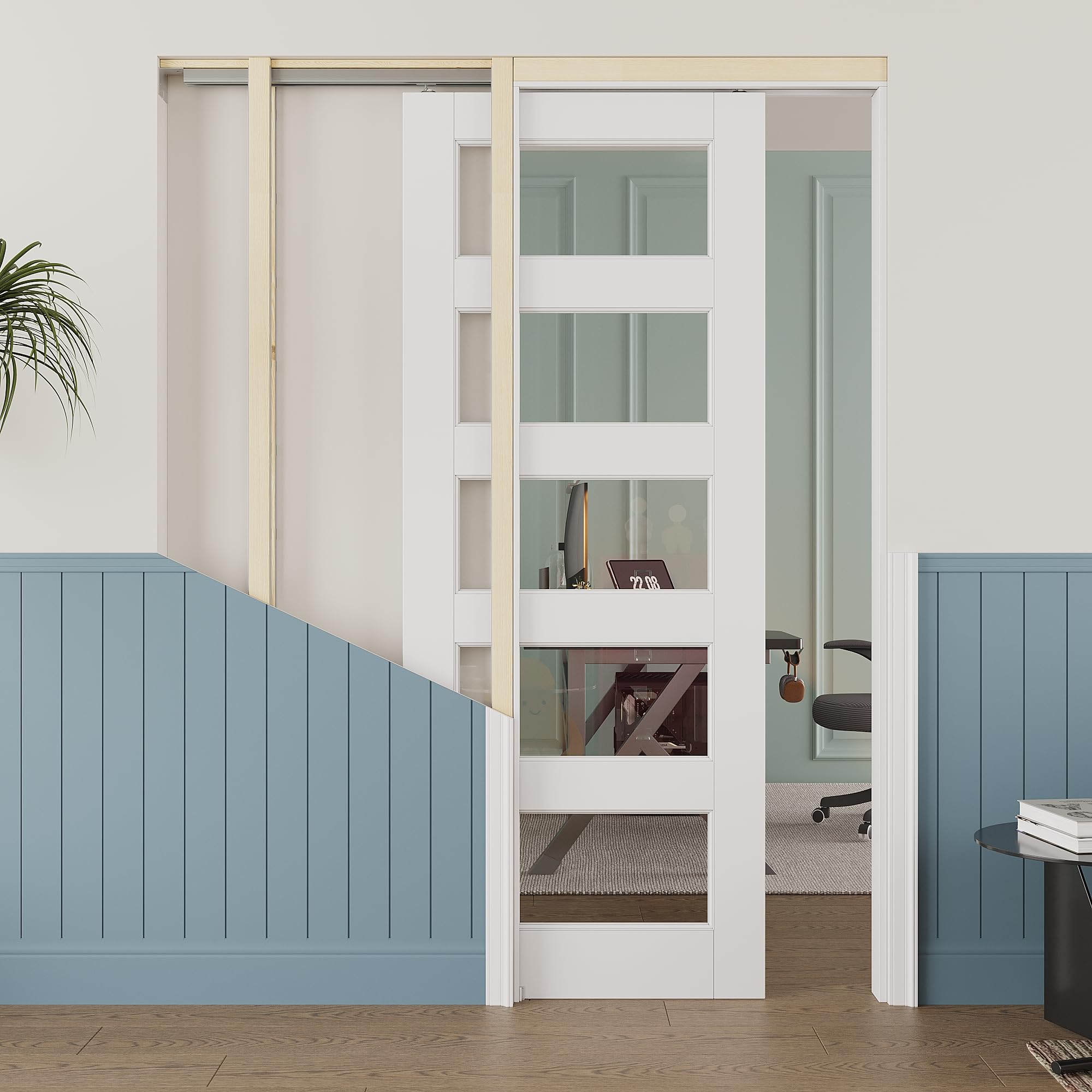 30x80 Sliding Door,Pocket Door,5 Lite Clear Glass Doors,Murphy Hidden Doors