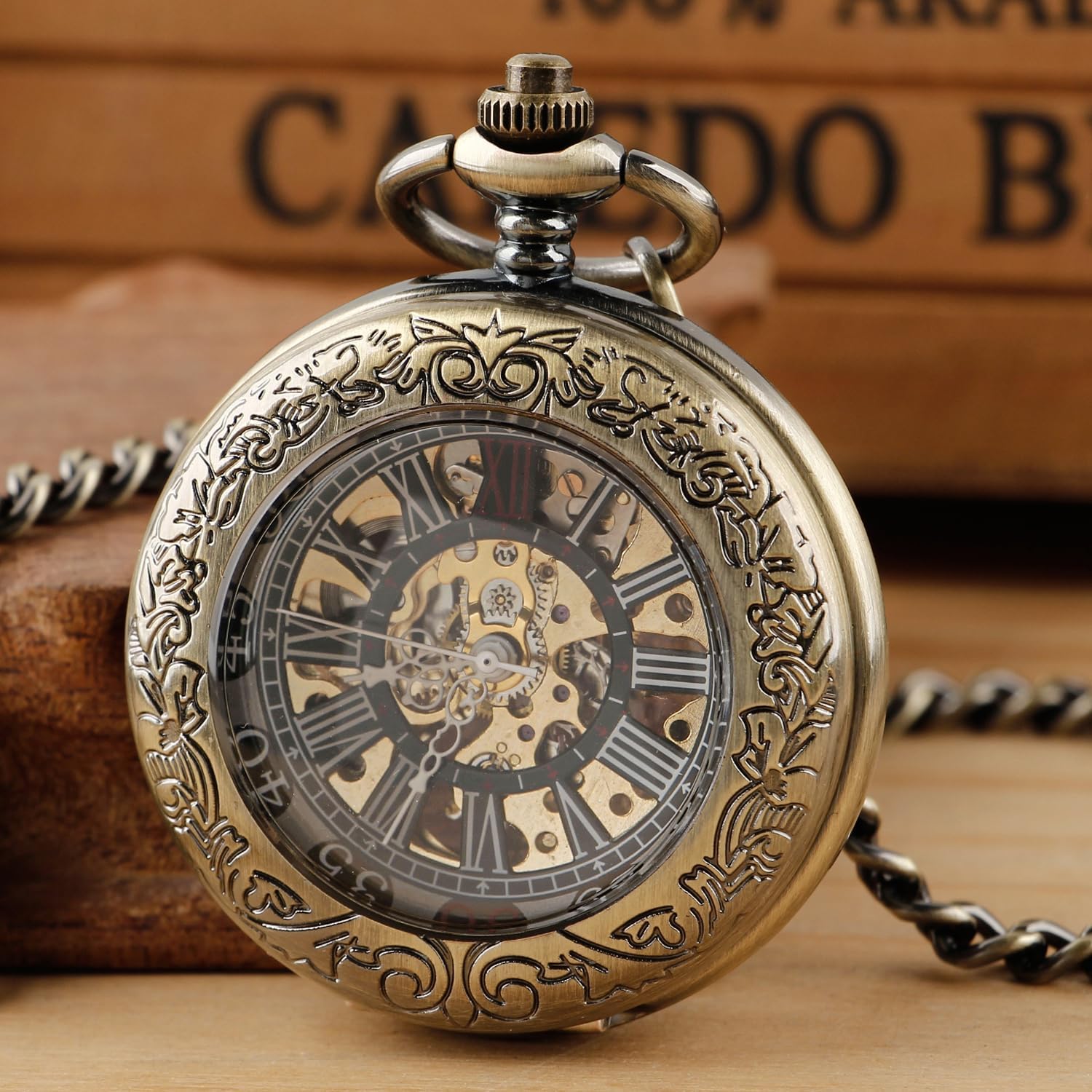 Tiong Orologio da tasca meccanico in bronzo con copertura trasparente, movimento meccanico da uomo, quadrante con numeri arabi, orologio da tasca con apertura singola