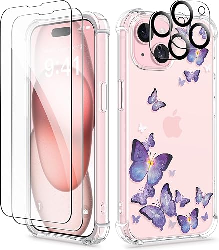 GVIEWIN Funda para iPhone 15, 5 en 1 con 2 protectores de pantalla y 2 protectores de lente de cámara, transparente, suave, a prueba de golpes,