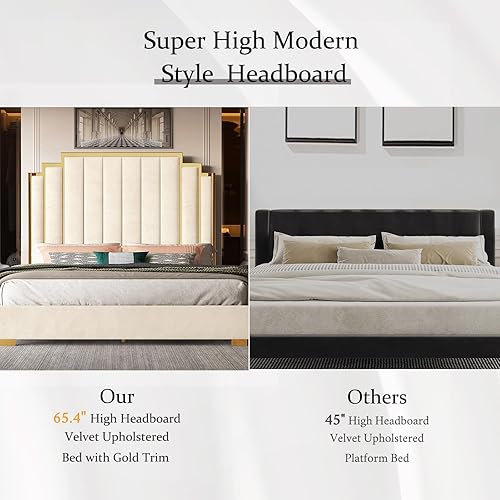 Miniatura 4 de Albott Base de cama de plataforma tamaño King, cama tapizada de terciopelo de 65 pulgadas con cabecero de ribete dorado, listones de madera, no