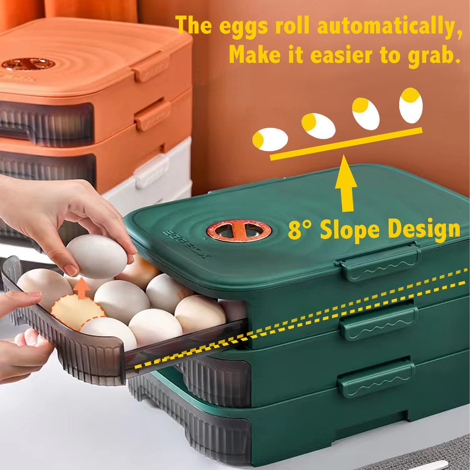 Egg Holder for Refrigerator, Egg Storage Container for Refrigerator Fridge Organizer Bin Egg Drawer Box Egg Tray Auto Rolling Stackable with Lid, Time Scale