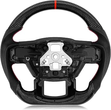 Real Carbon Fiber Steering Wheel for Ford F150 2015-2020,Perforated Nappa Leather Grip, D-Shaped Flat-bottom for F150 Steering Wheel without Paddle Shifter Holes