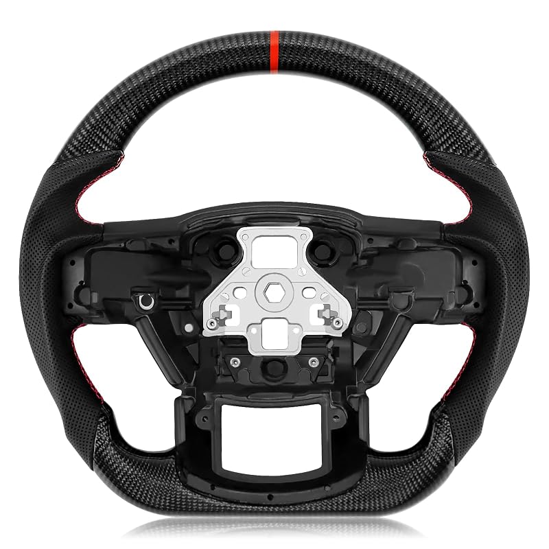 Volante esportivo em fibra de carbono 3K para Ford F-150 2015–2020, base reta em D, couro Nappa perfurado, faixa vermelha, sem furos para paddle shifters e sem aquecimento VOONKE