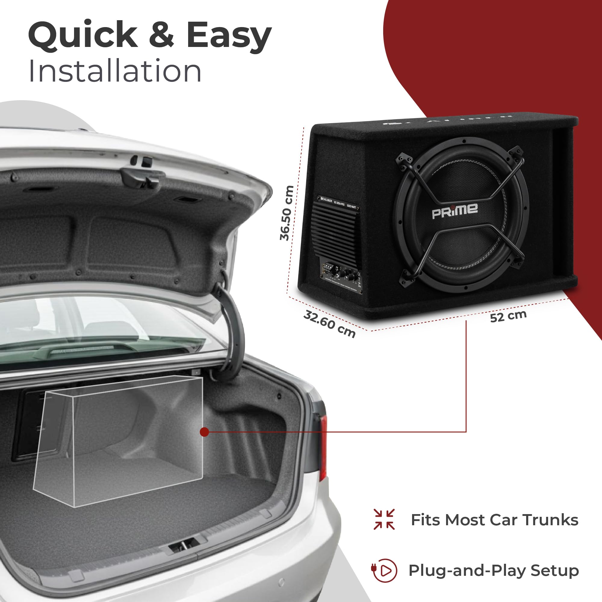 Caliber BC112SA-PRO - Juego Activo de subwoofer para Coche, Caja de Graves de 12 Pulgadas con Amplificador, 500 W RMS, Potencia máxima de 1000 W, Juego de Altavoces Activos para Coche, Color Negro