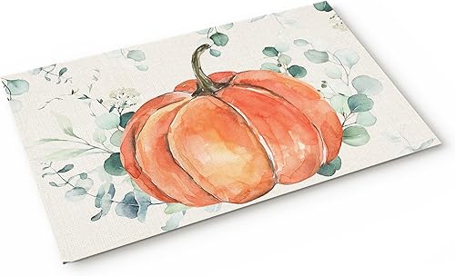 Miniatura 13 de Alfombras y tapetes de cocina Hello Fall, 2 unidades, color azul, naranja, calabaza, hoja de arce, pájaros, alfombras antideslizantes con pasillo