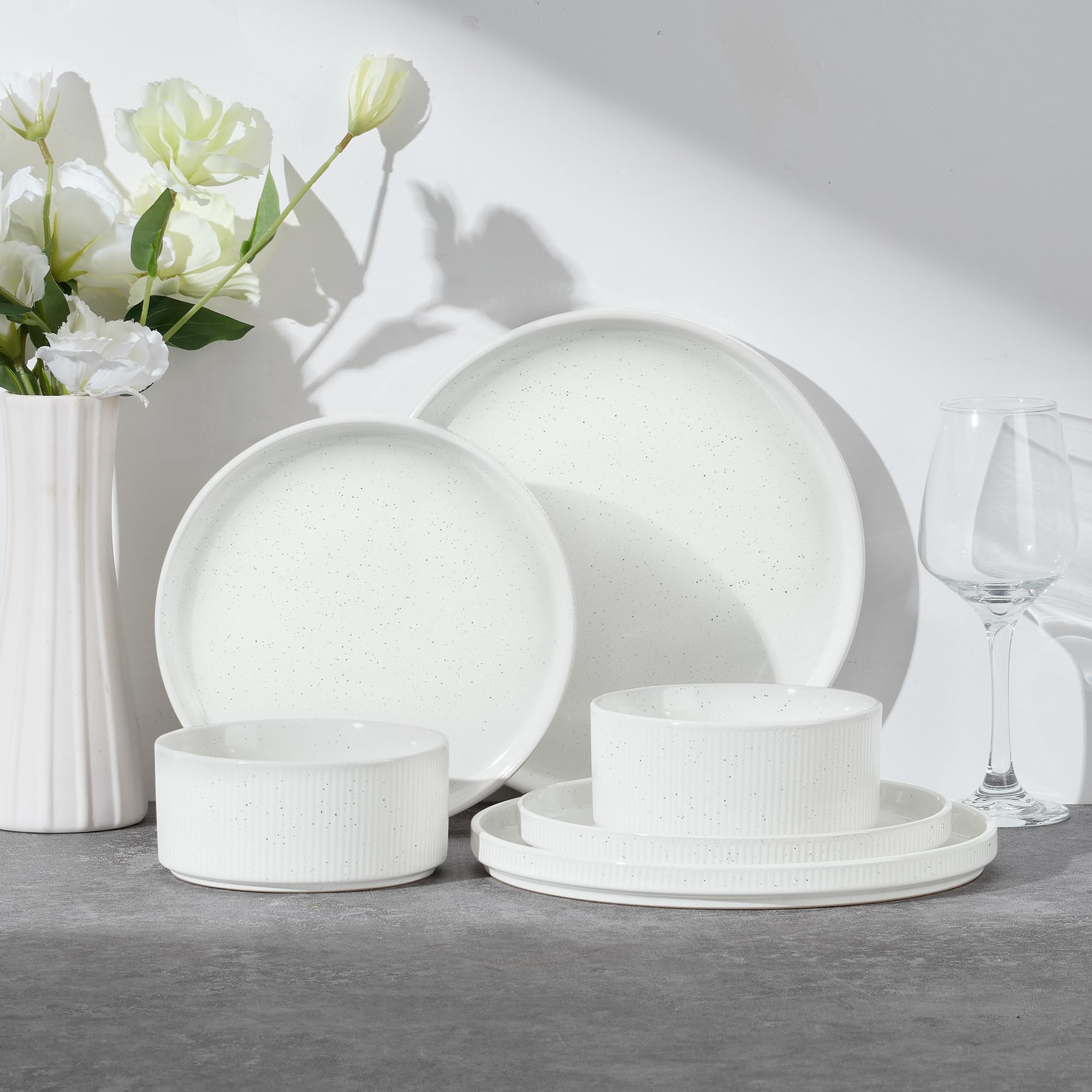 E-far Stoneware Dinnerware Sets for 2, 6-Piece Plates and Bowls Sets, Chip &amp; Scratch Resistant Ribbed Dish Set for Home Restaurant, Microwave &amp; Dishwasher Safe, Speckled White